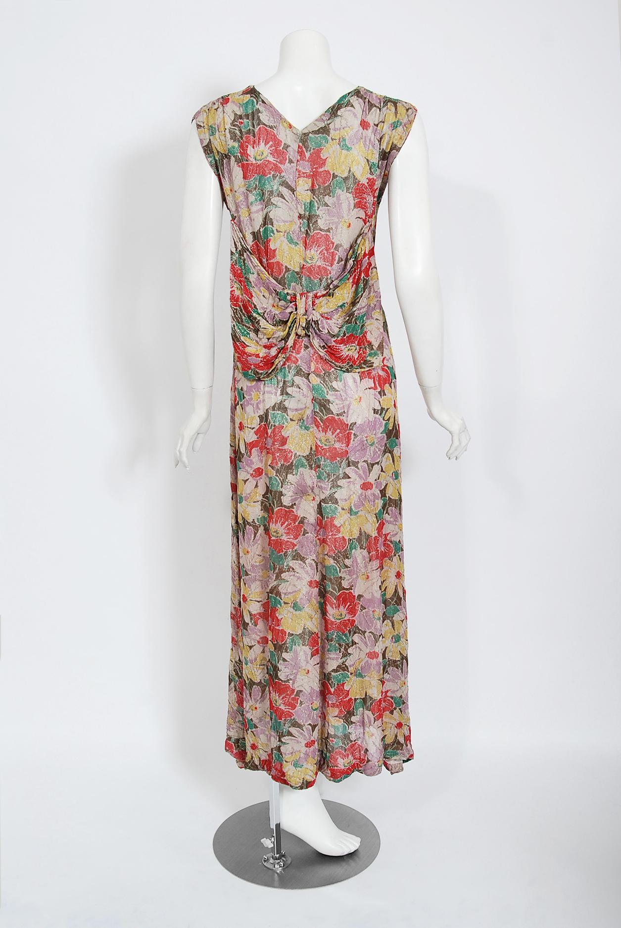 Vintage 1930's Colorful Floral Print Lamé Sleeveless Bias-Cut Back Bow Dress 2