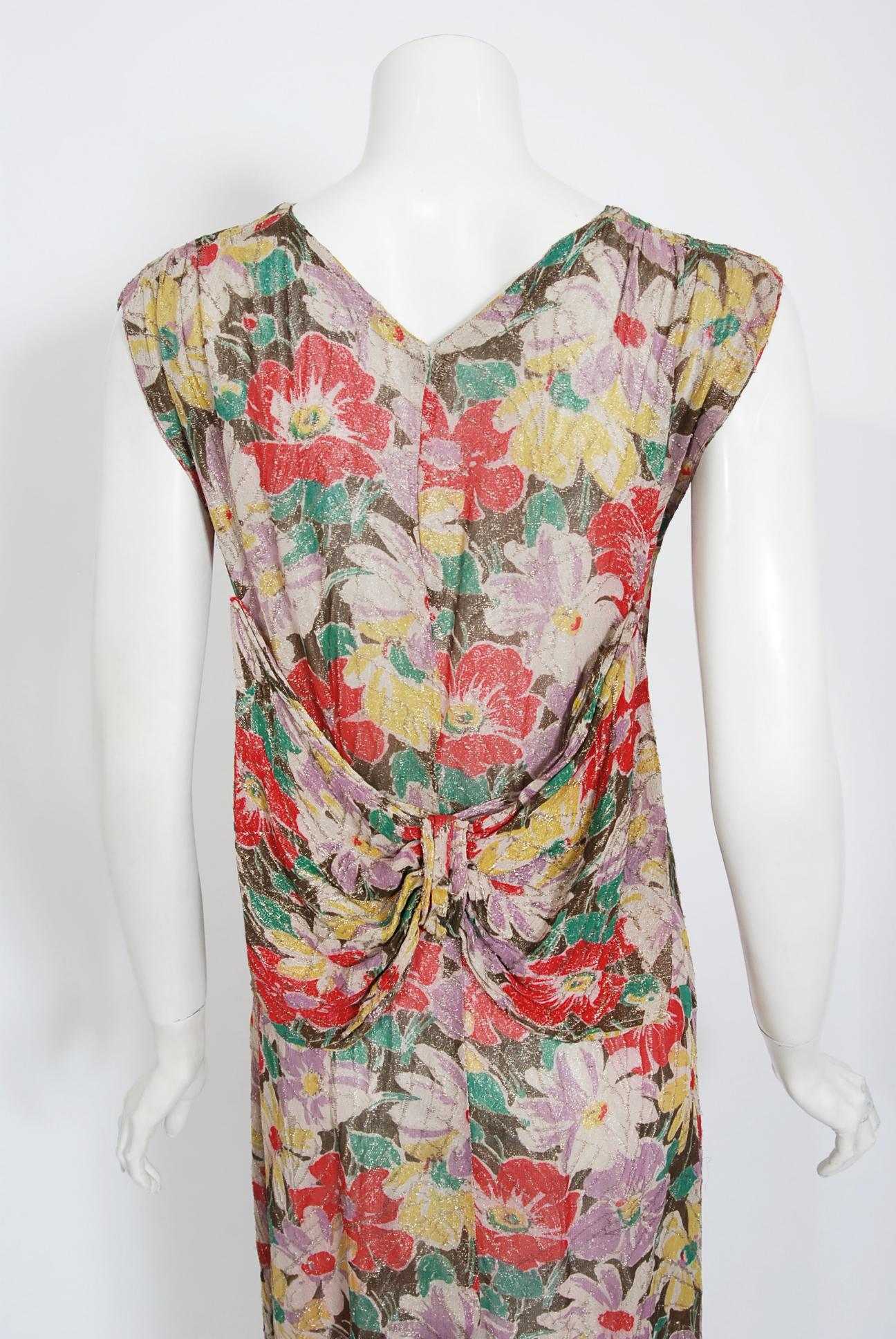 Vintage 1930's Colorful Floral Print Lamé Sleeveless Bias-Cut Back Bow Dress 3