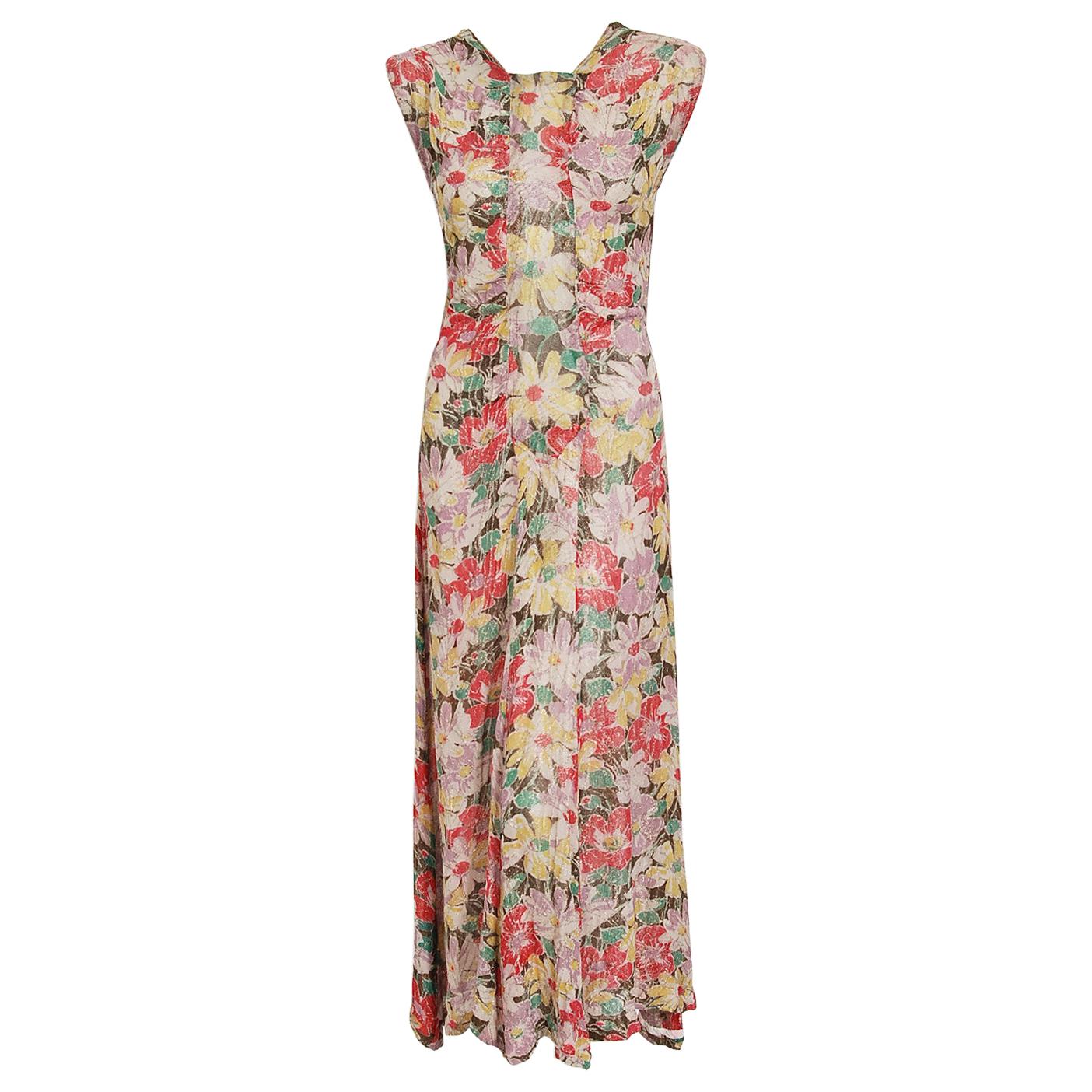 Vintage 1930's Colorful Floral Print Lamé Sleeveless Bias-Cut Back Bow Dress