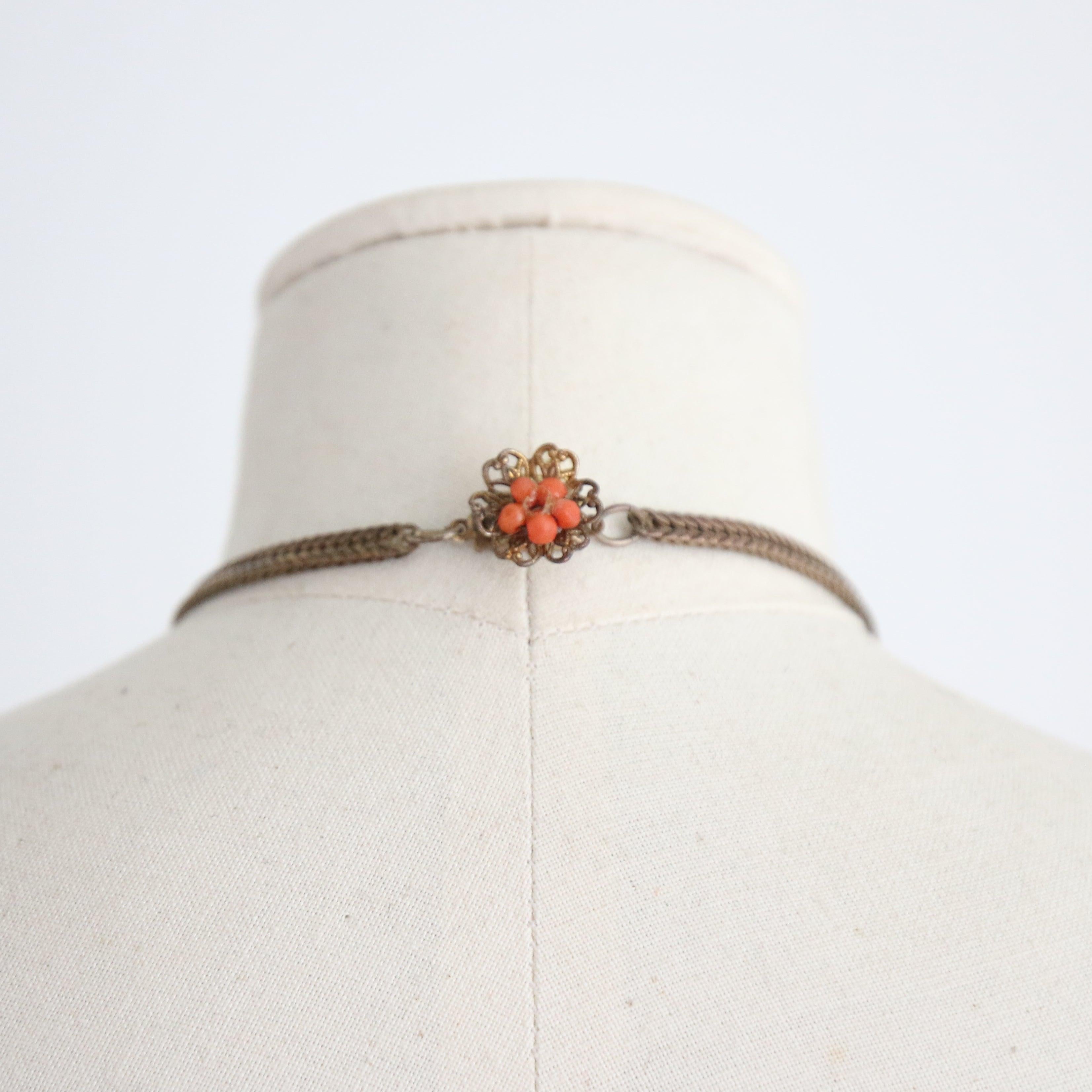 Taille grossière Vintage 1930's Coral and brass filigree necklace art deco coral jewellery en vente