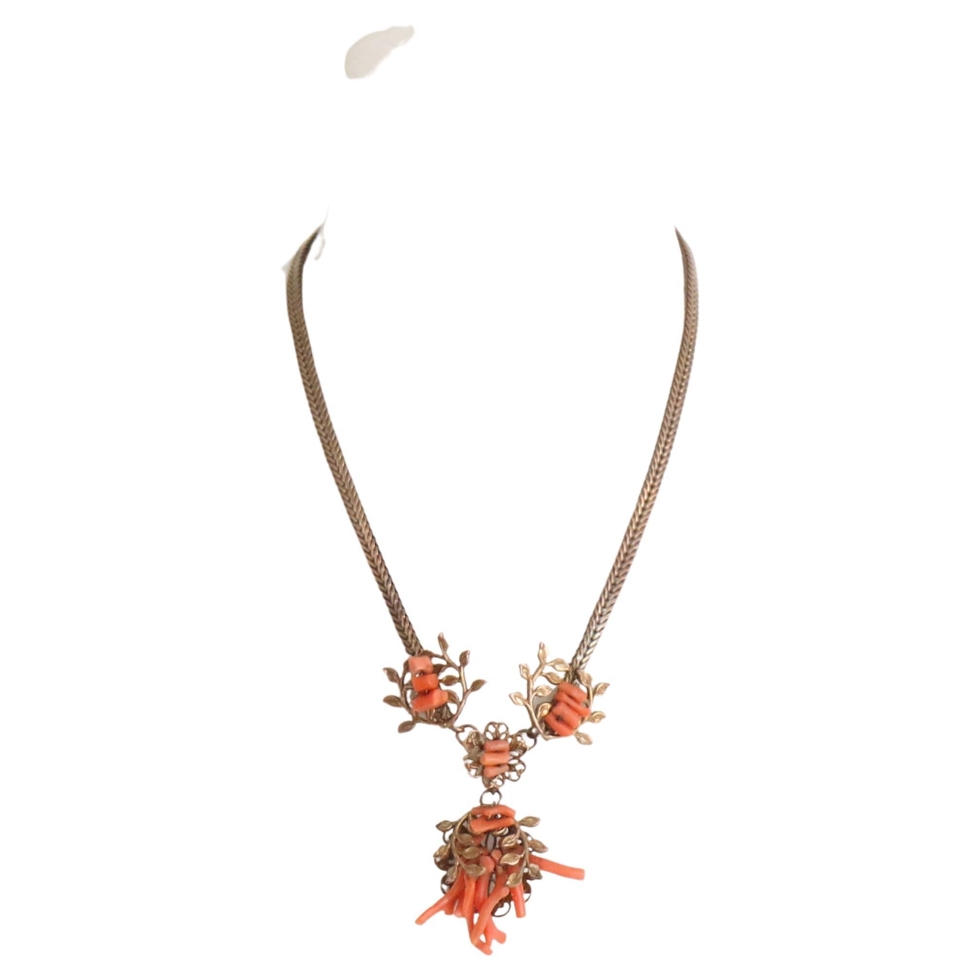 Vintage 1930's Coral and brass filigree necklace art deco coral jewellery Bon état - En vente à Cheltenham, GB