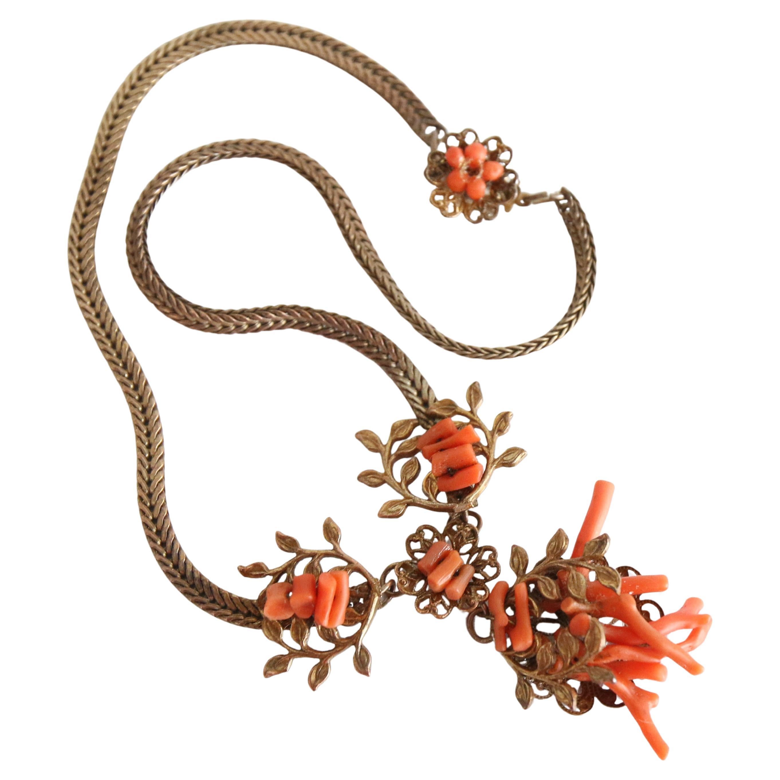 Vintage 1930's Coral and brass filigree necklace art deco coral jewellery