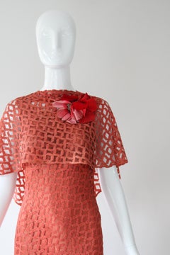 Vintage 1930's Coral Lace & Lamé Evening Gown and mantle ensemble UK 6-8 US 2-4