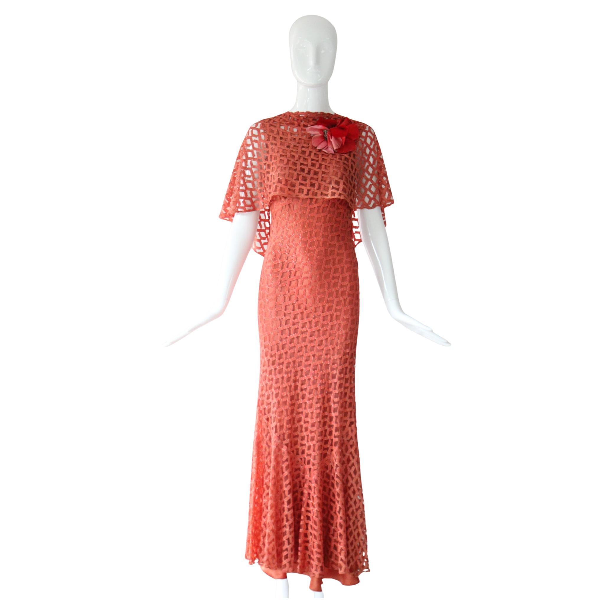 Vintage 1930's Coral Lace & Lamé Evening Gown and mantle ensemble UK 6-8 US 2-4