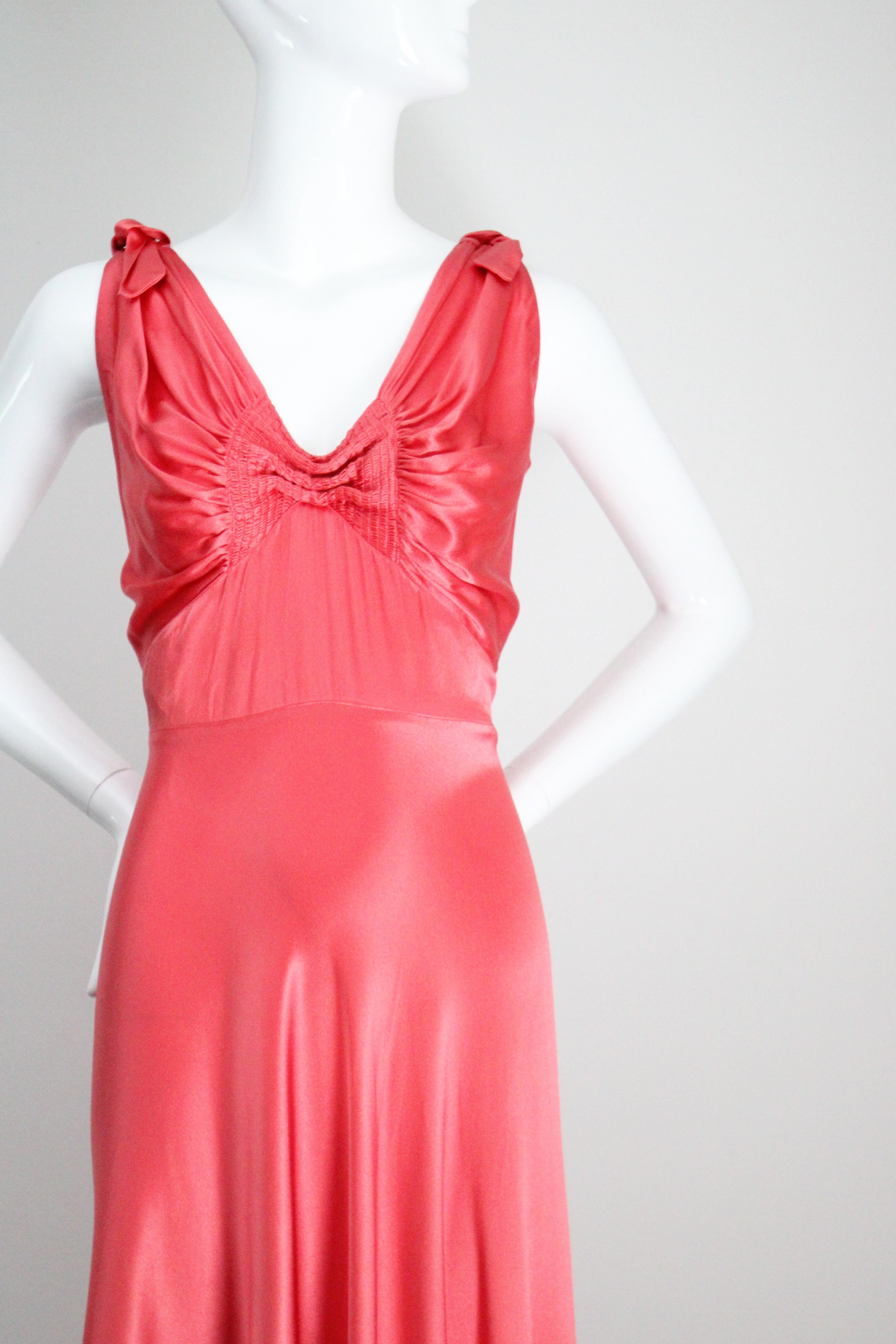 Vintage 1930's Coral Satin Bias Cut Dress and Bolero 1930s satin gown UK 10 US 6 In Good Condition For Sale In Cheltenham, GB