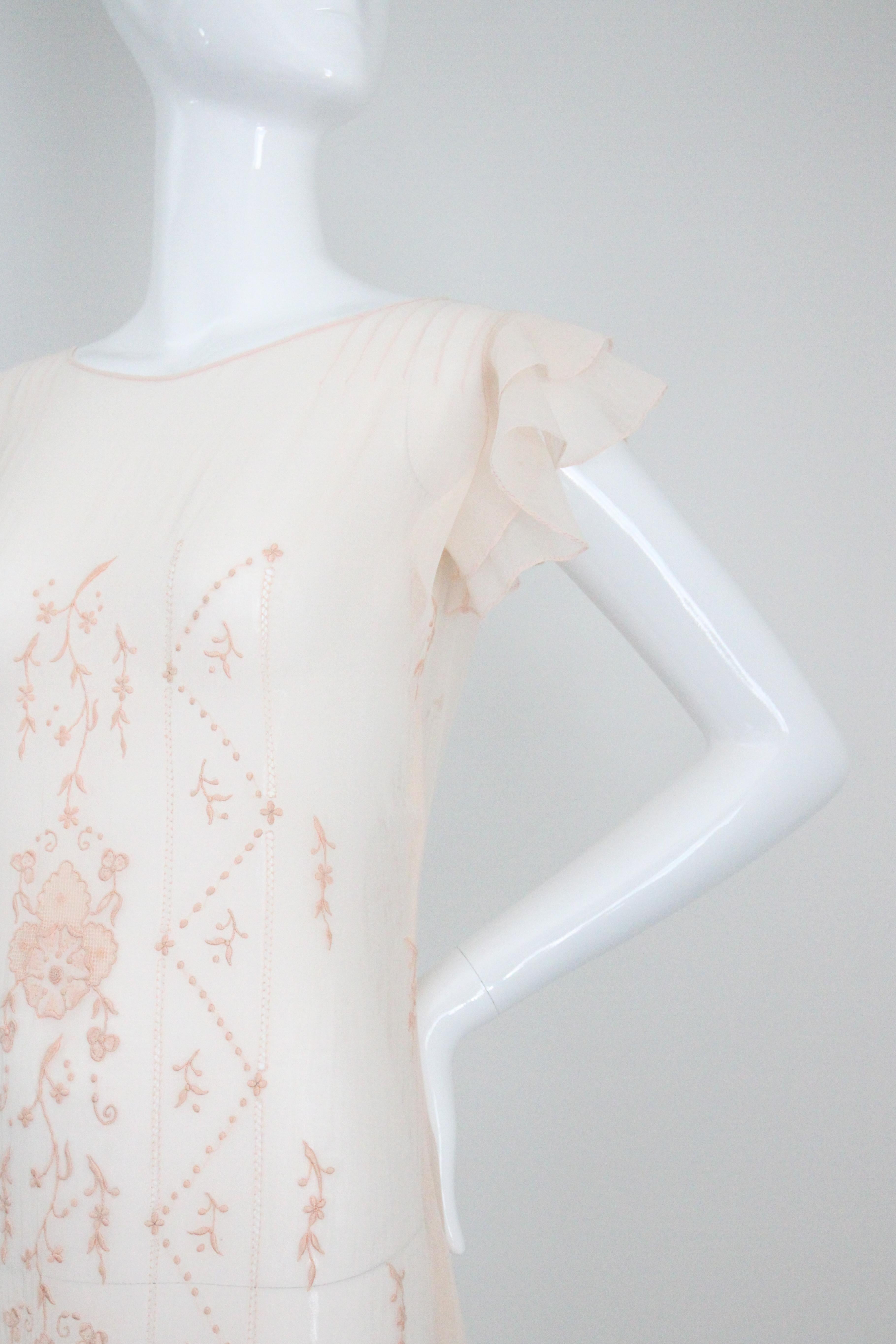 Vintage 1930's Cotton Embroidered Day Dress Pale Pink Floral 1930s UK 8 US 4 For Sale 6