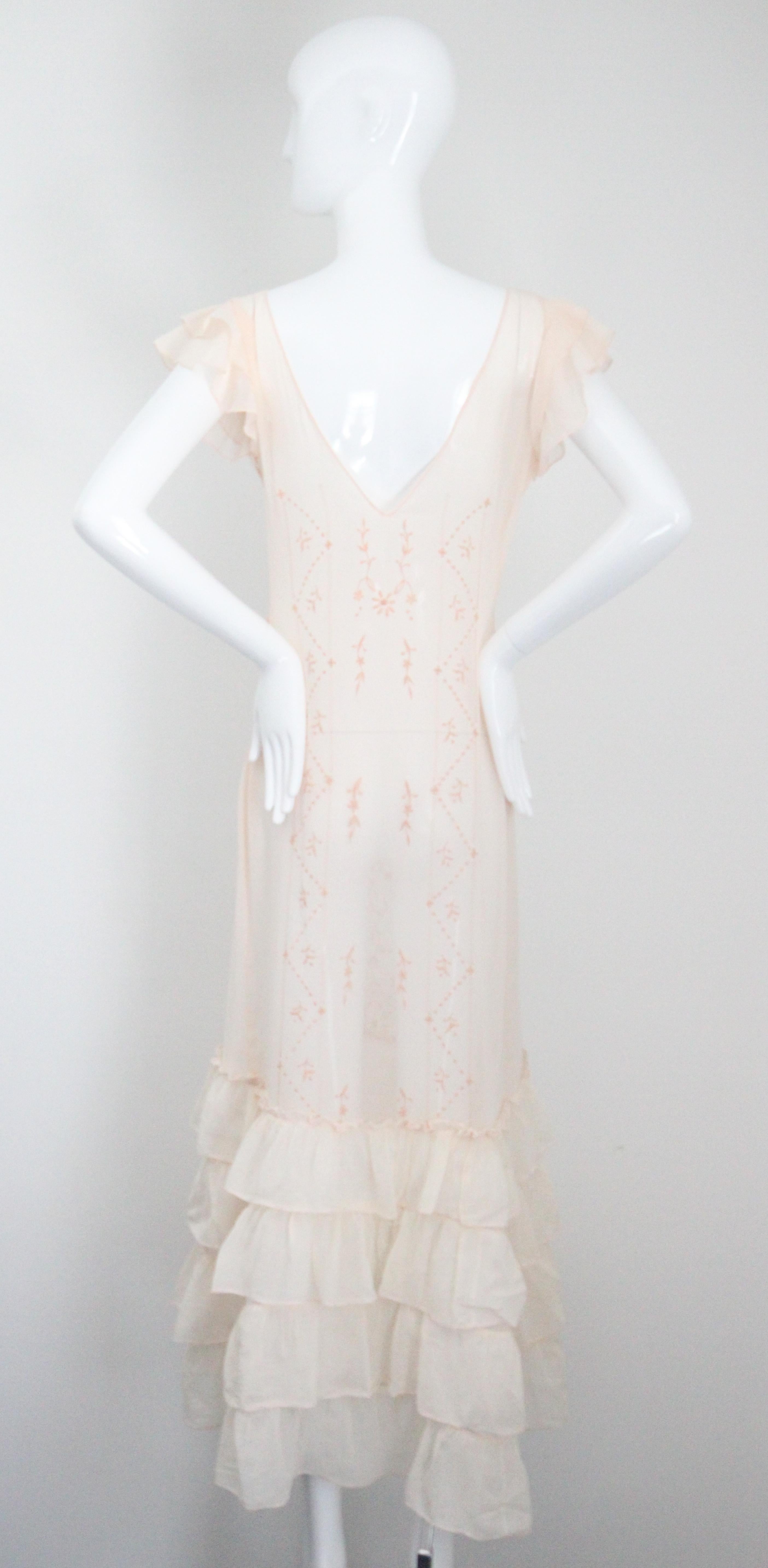 Vintage 1930's Cotton Embroidered Day Dress Pale Pink Floral 1930s UK 8 US 4 For Sale 7