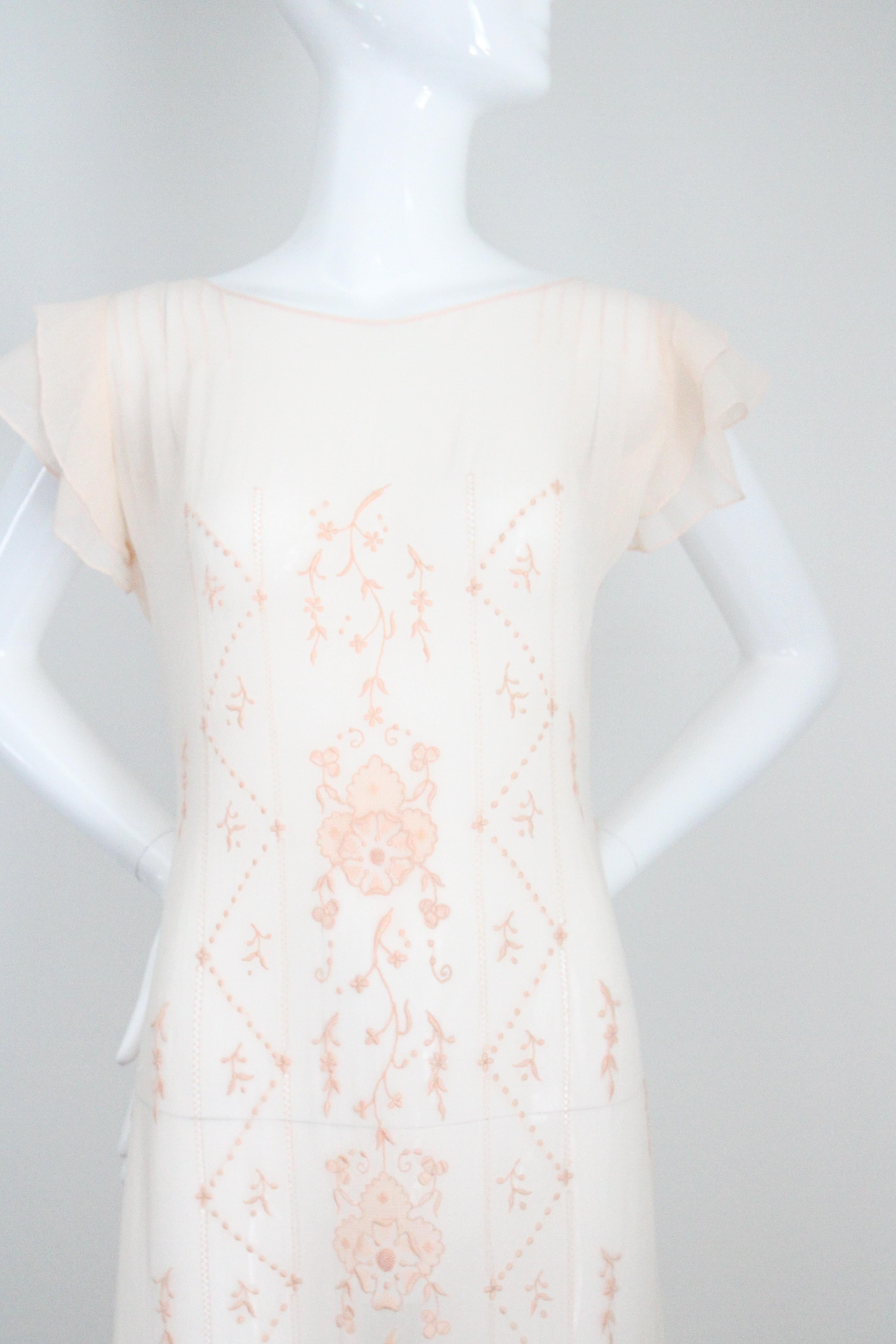 Beige Vintage 1930's Cotton Embroidered Day Dress Pale Pink Floral 1930s UK 8 US 4 For Sale