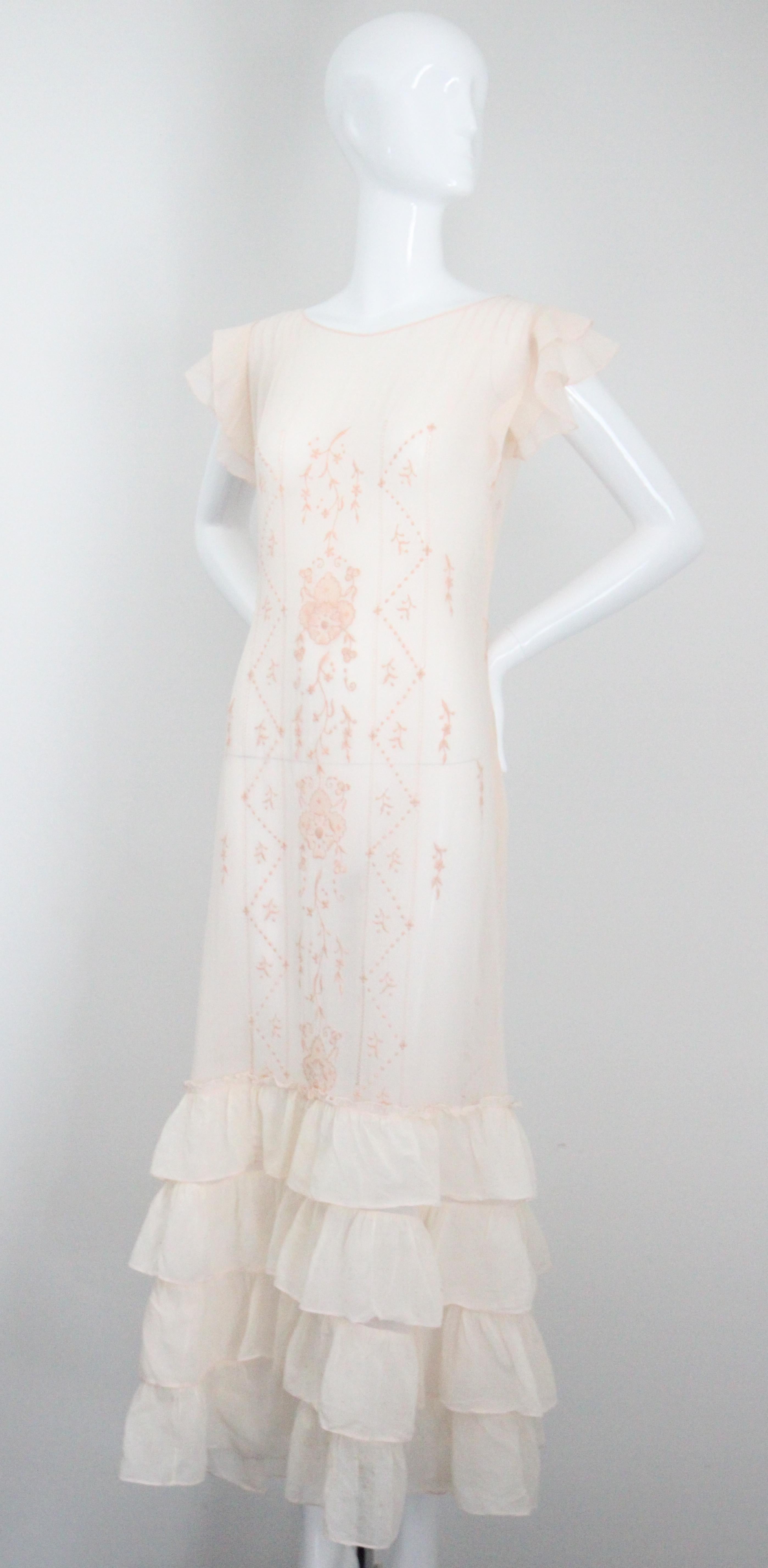 Vintage 1930's Cotton Embroidered Day Dress Pale Pink Floral 1930s UK 8 US 4 For Sale 4
