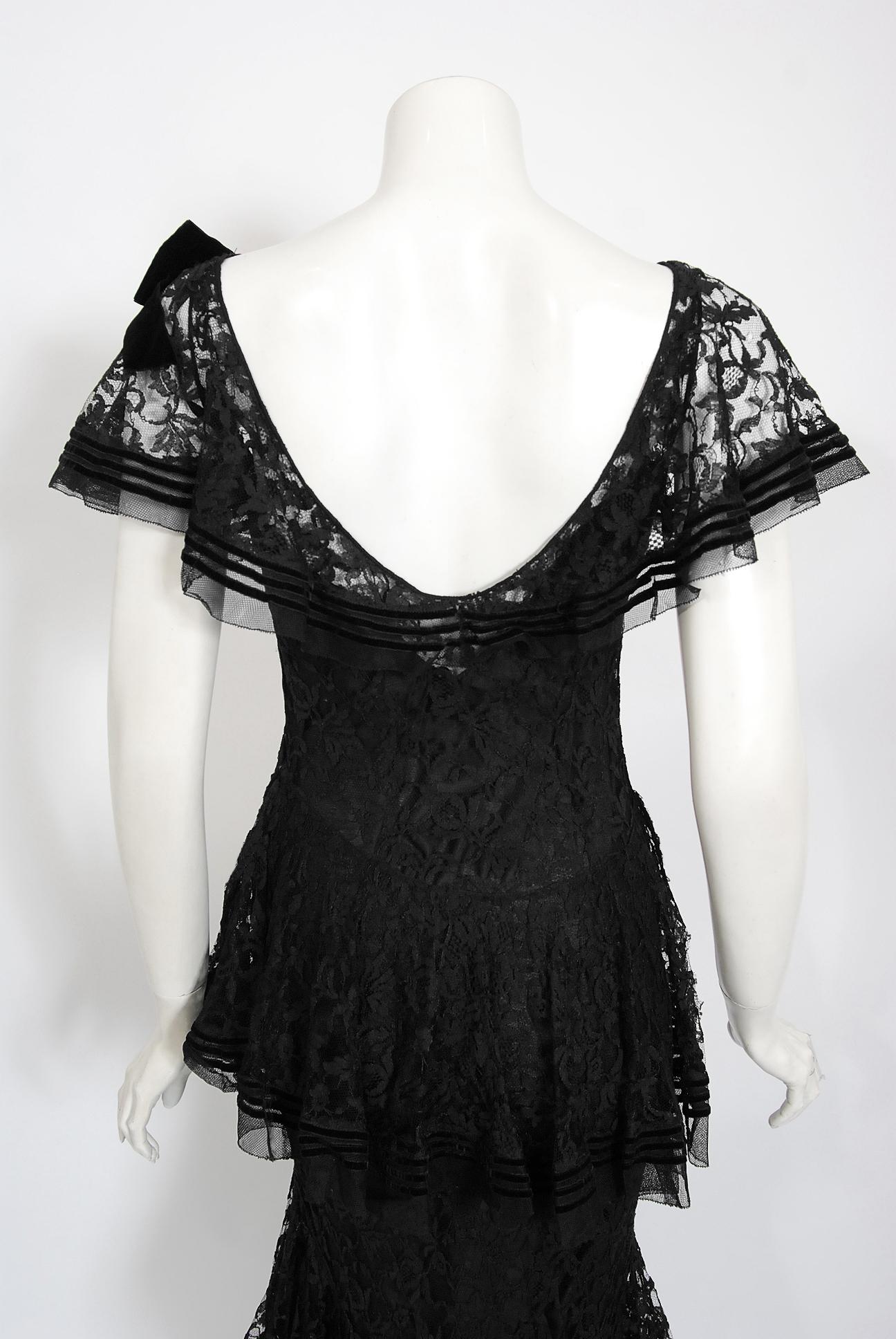Vintage 1930's Couture Black Lace Flutter Velvet Bow Tiered Swirl Bias-Cut Gown 5