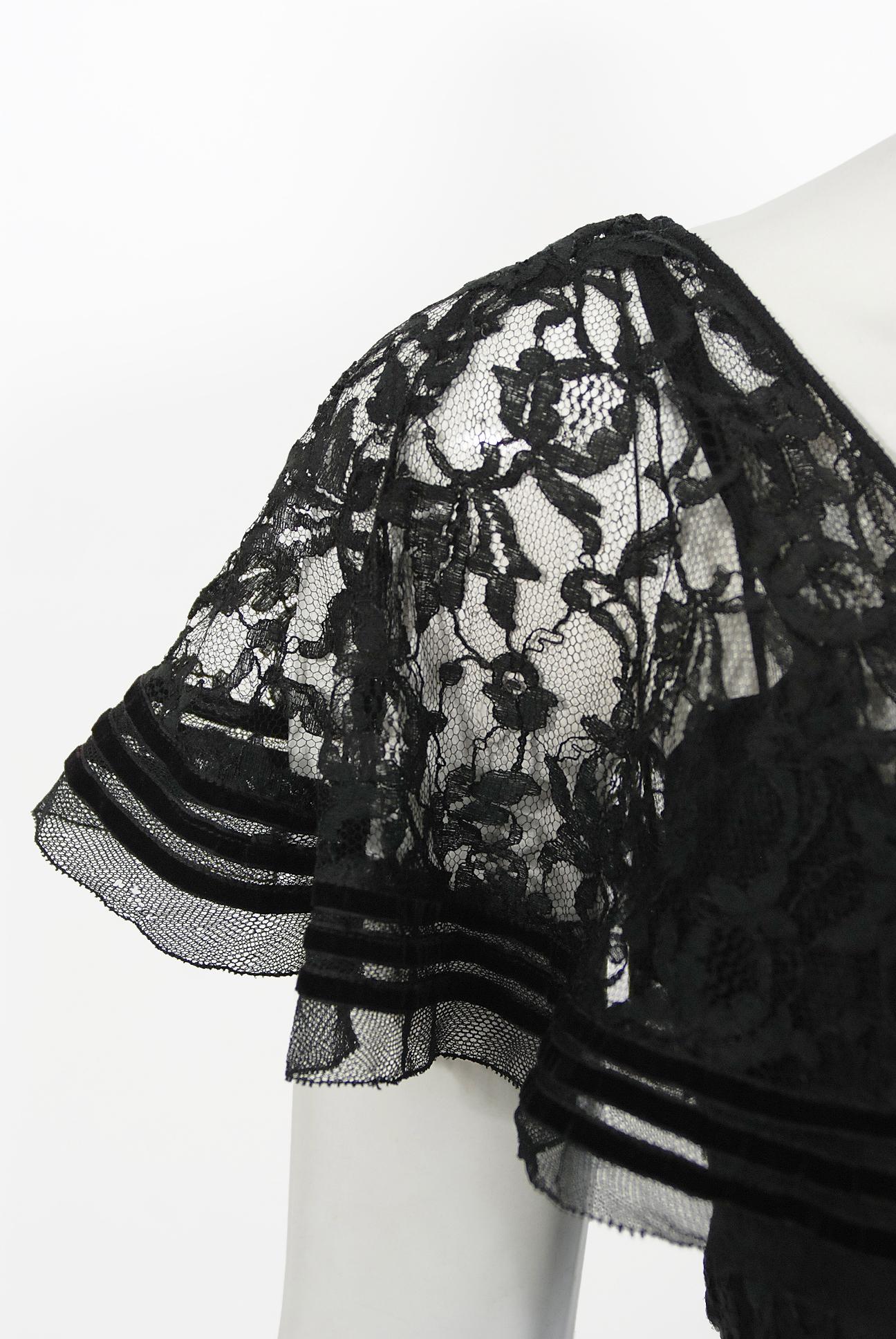 Vintage 1930's Couture Black Lace Flutter Velvet Bow Tiered Swirl Bias-Cut Gown 1