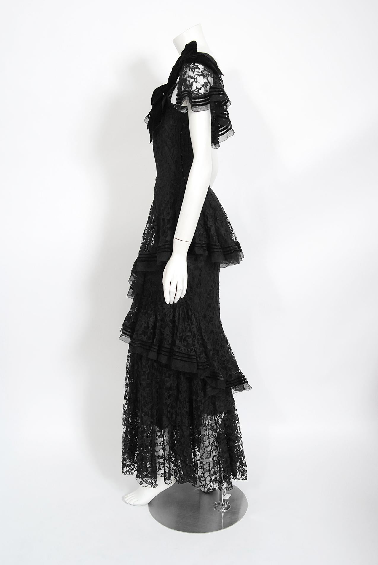 Vintage 1930's Couture Black Lace Flutter Velvet Bow Tiered Swirl Bias-Cut Gown 2