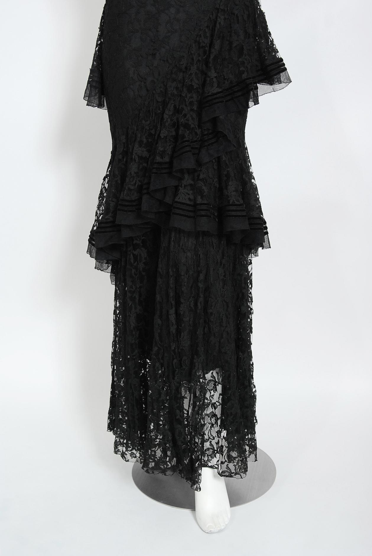 Vintage 1930's Couture Black Lace Flutter Velvet Bow Tiered Swirl Bias-Cut Gown 3