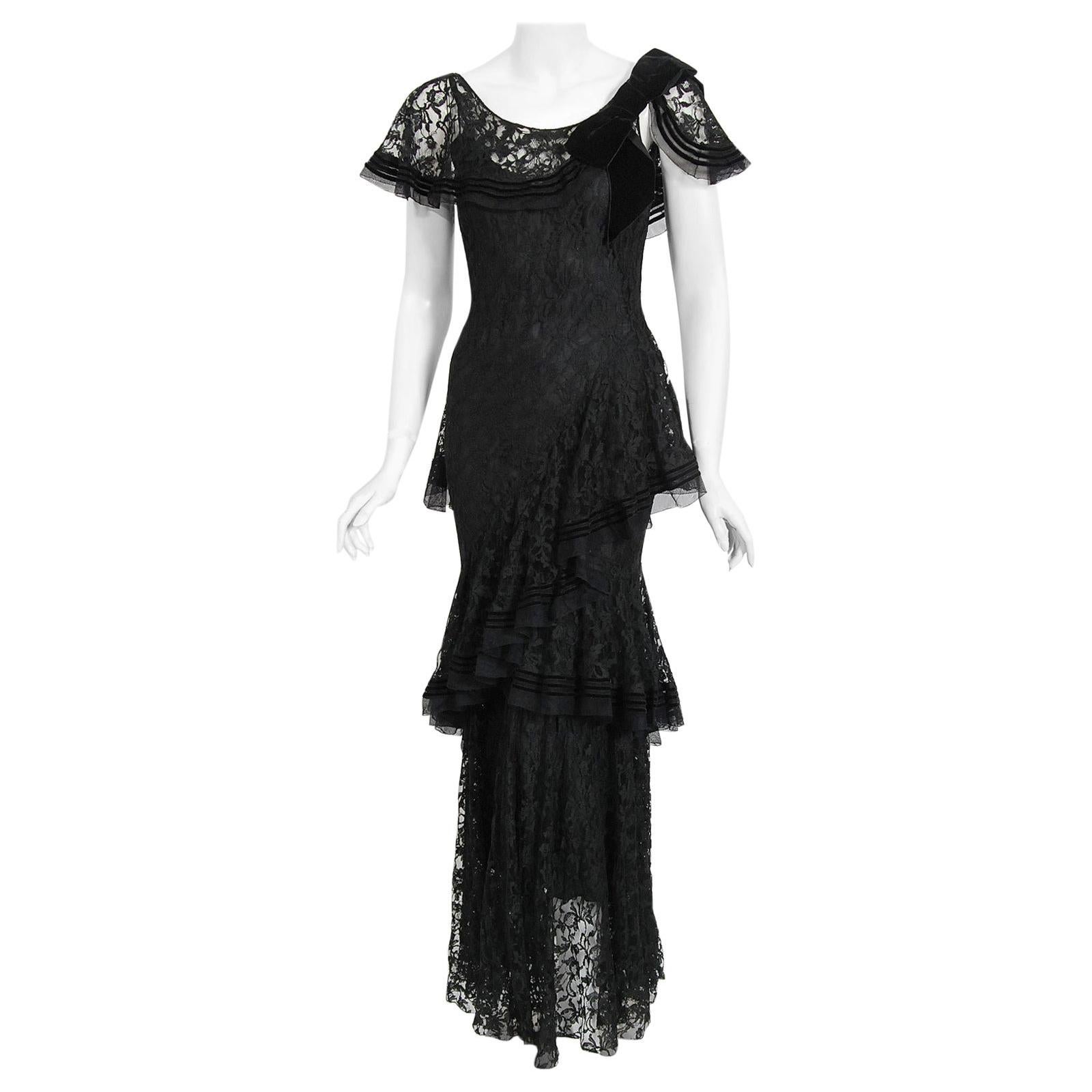 Vintage 1930's Couture Black Lace Flutter Velvet Bow Tiered Swirl Bias-Cut Gown
