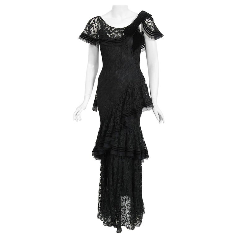 Vintage 1930's Couture Black Lace Flutter Velvet Bow Tiered Swirl Bias ...