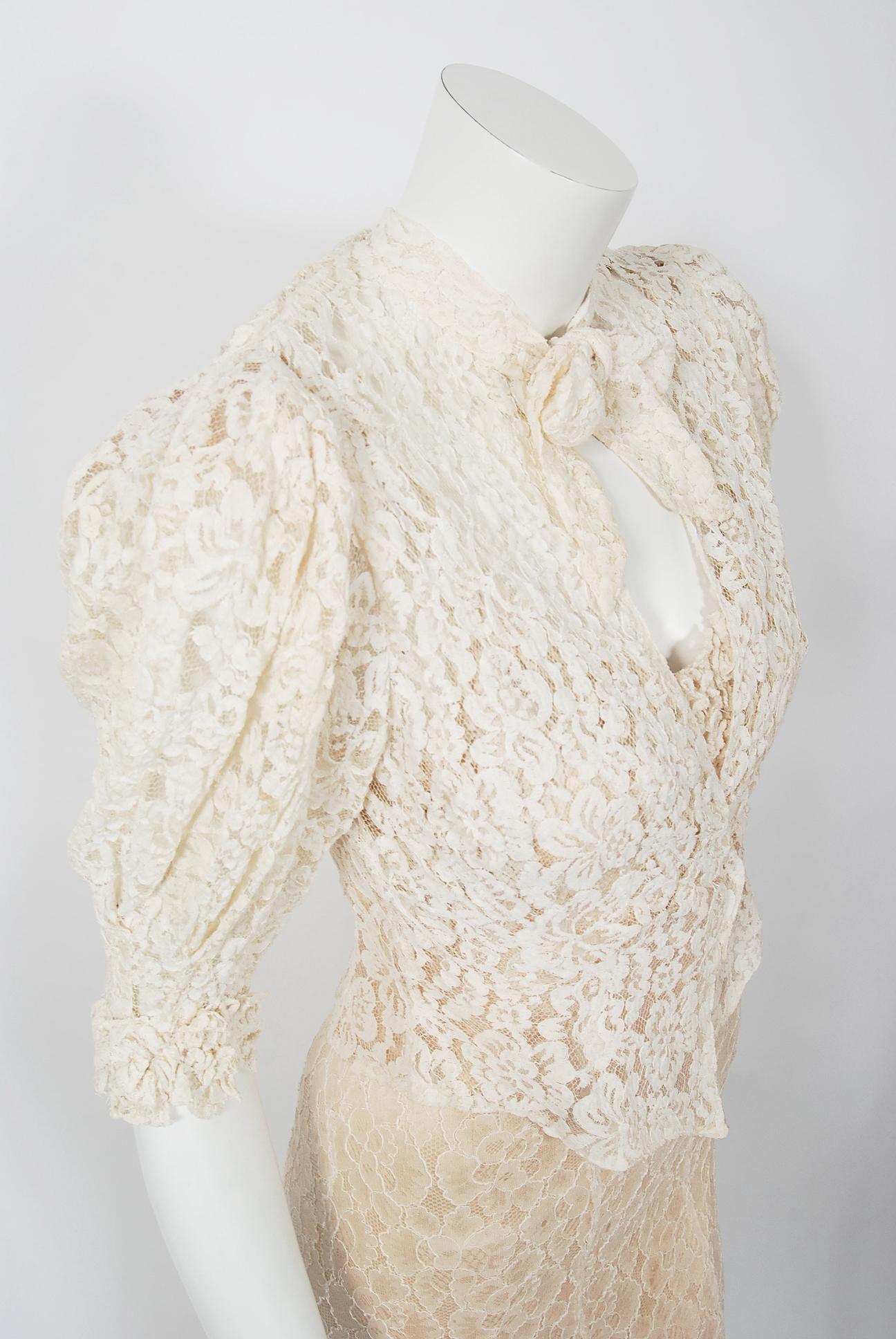 Beige Vintage 1930's Couture Ivory Lace Nude Illusion Backless Bias-Cut Gown & Jacket