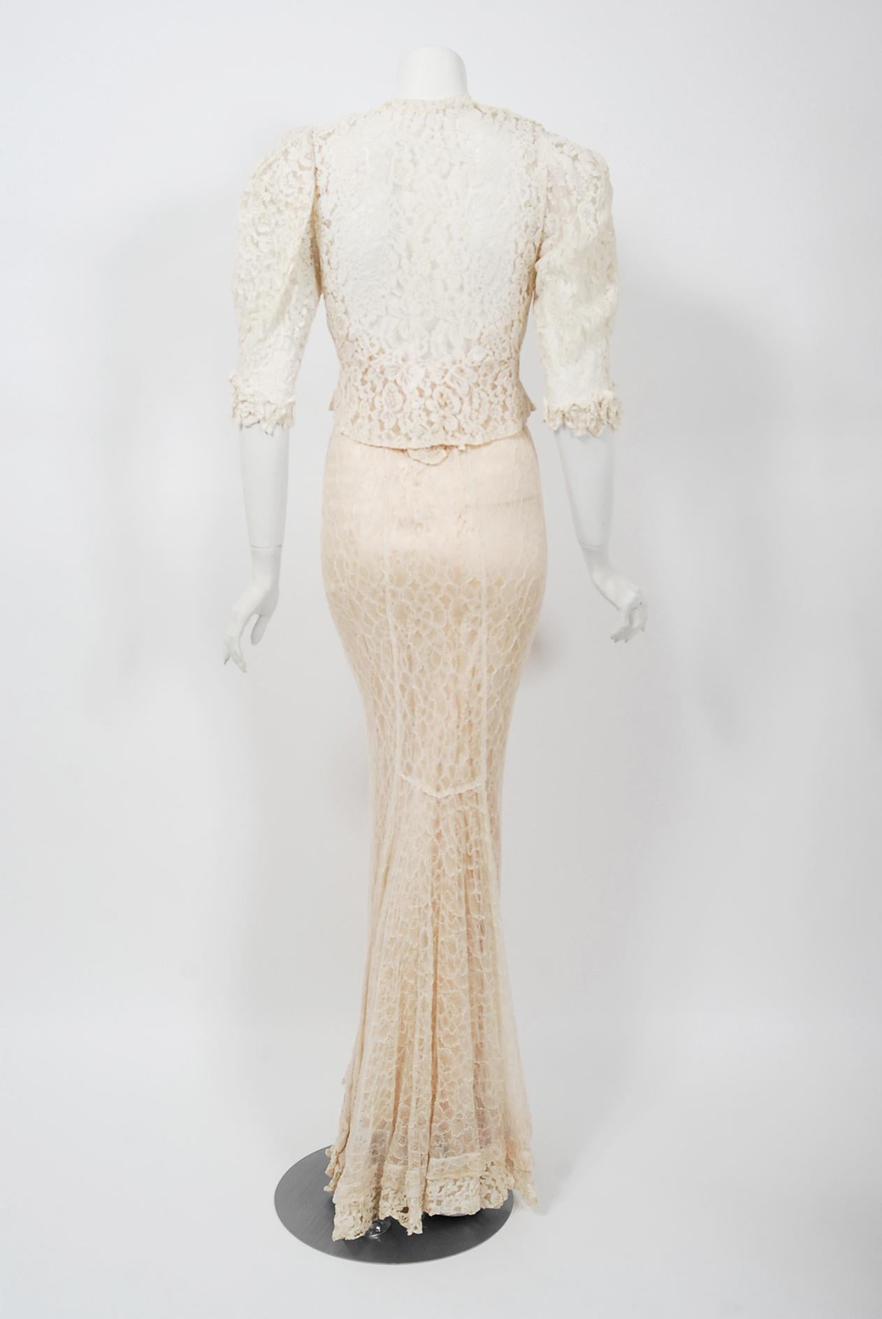 Women's Vintage 1930's Couture Ivory Lace Nude Illusion Backless Bias-Cut Gown & Jacket