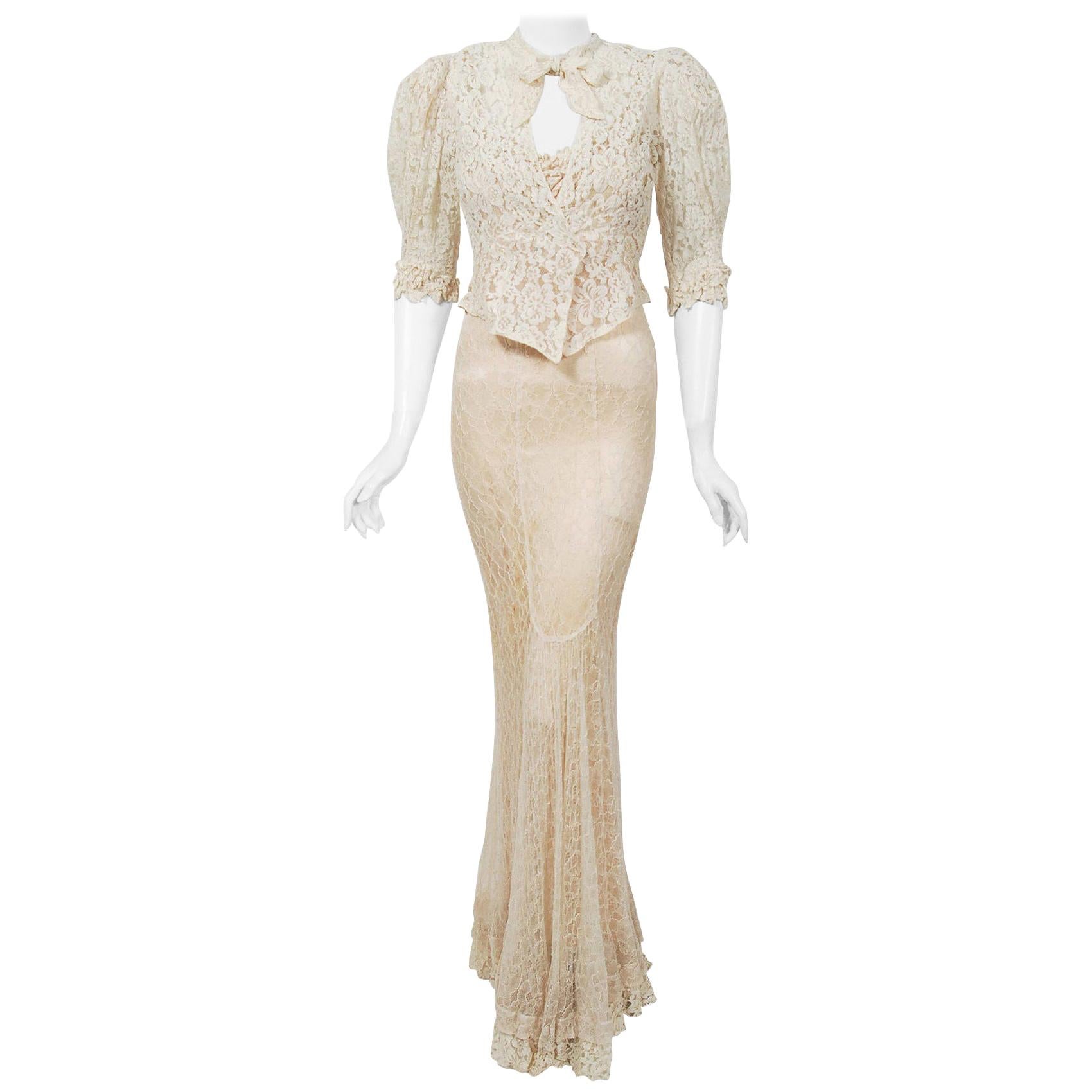Vintage 1930's Couture Ivory Lace Nude Illusion Backless Bias-Cut Gown & Jacket