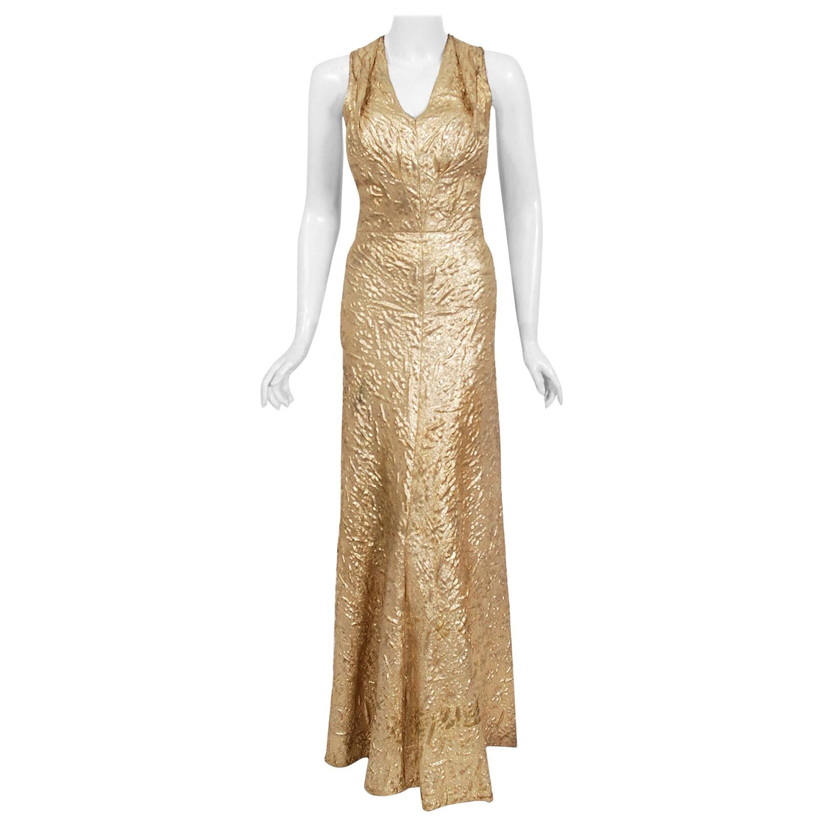 Vintage 1930's Couture Metallic Gold Textured Lamé Backless Bias-Cut Gown