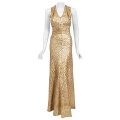 Vintage 1930's Couture Metallic Gold Textured Lamé Backless Bias-Cut Gown