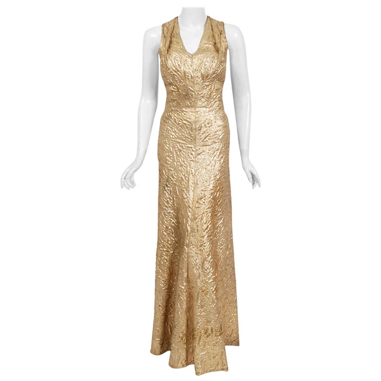 Vintage 1930's Couture Metallic Gold Textured Lamé Backless Bias-Cut ...