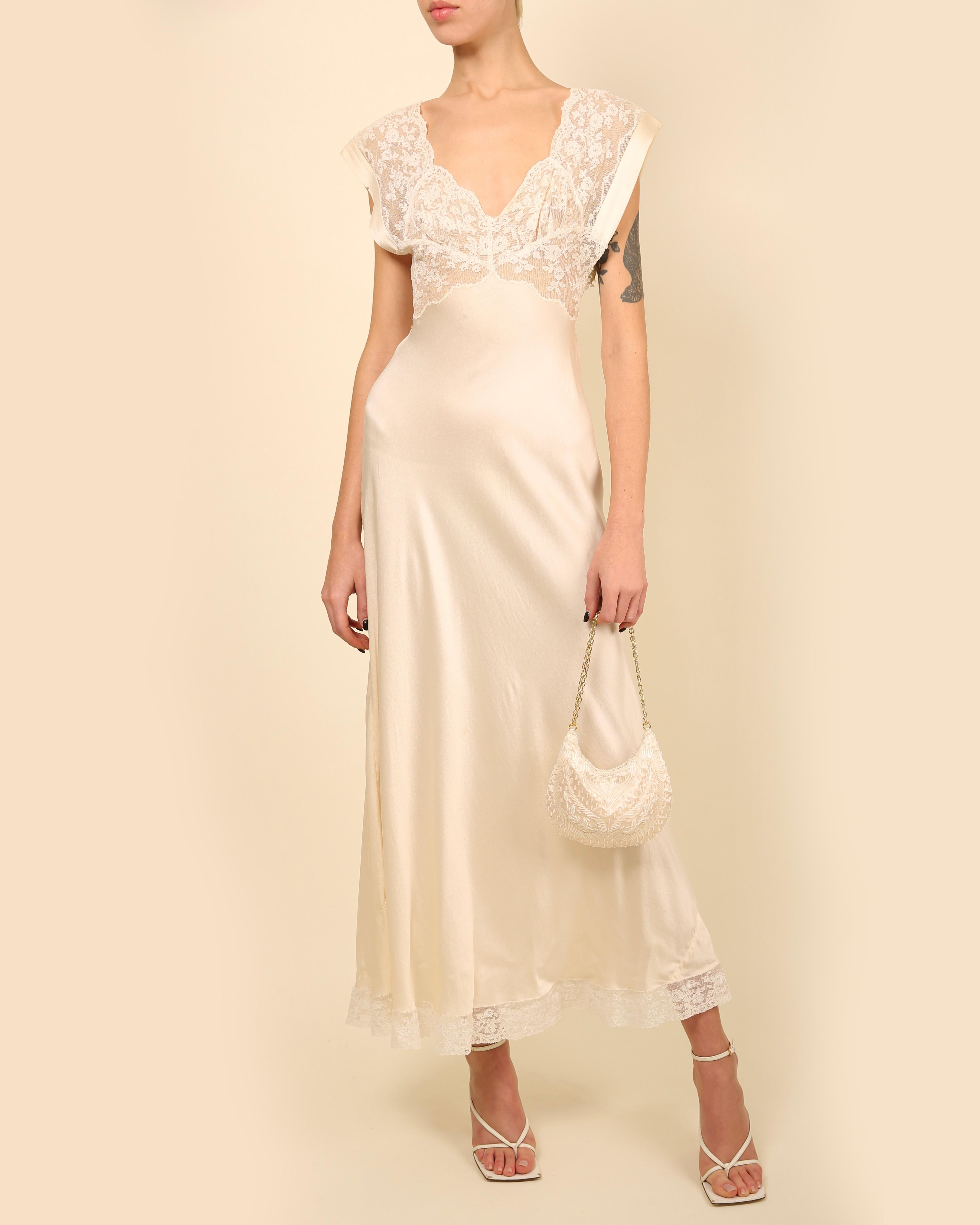 Women's Vintage 1930s cream ivory silk floral lace maxi wedding slip night gown dress XS