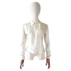 Vintage 1930's Cream Rayon Quilted Long Sleeve Blouse Smocking Stitch UK 10 US 6