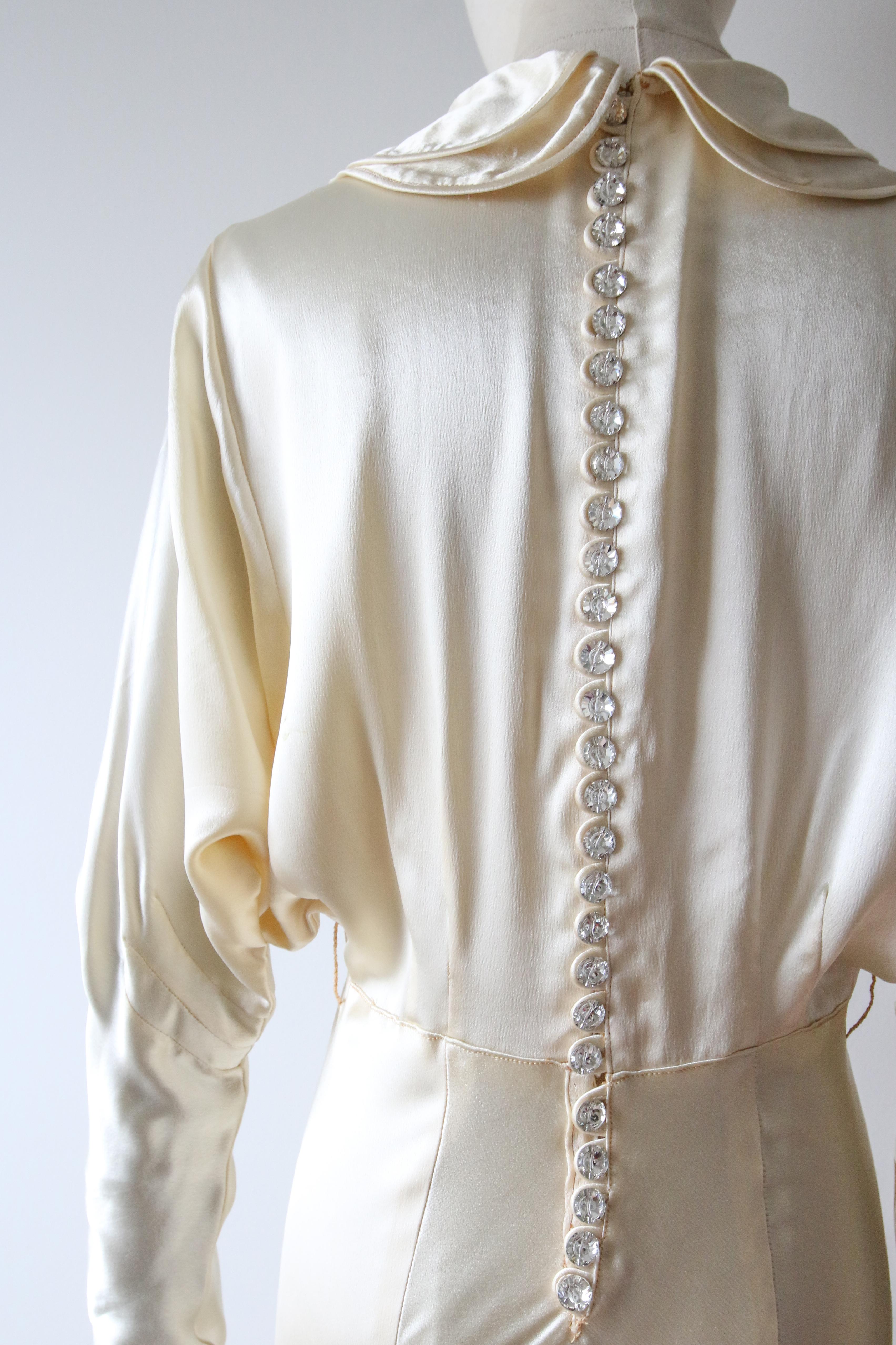 Vintage 1930's Cream Satin Dress Bis Cut Silk Rhinestone Button Gown UK 10 US 6 For Sale 6