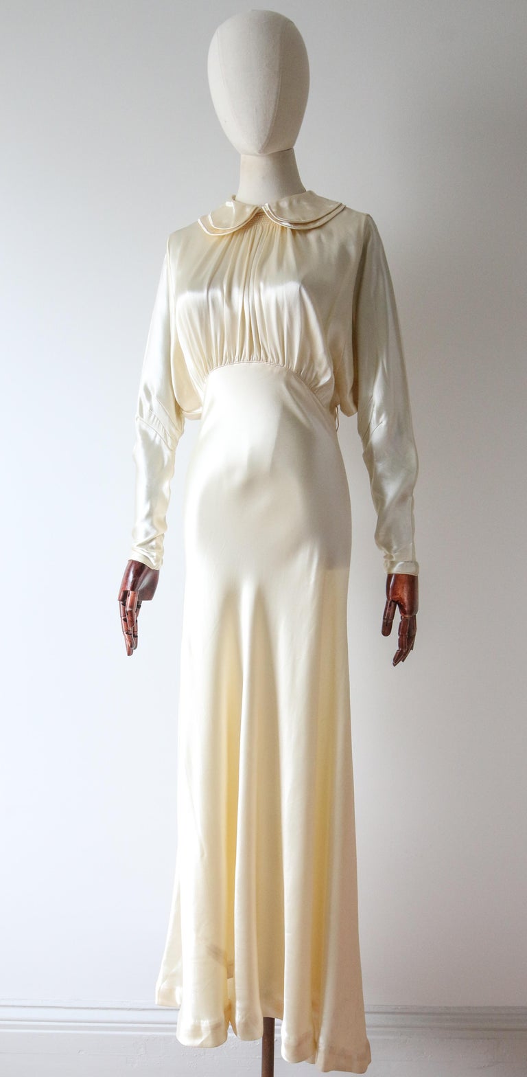 Vintage 1930's Cream Satin Dress Bis Cut Silk Rhinestone Button Gown UK 10  US 6 at 1stDibs