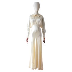 Vintage 1930's Cream Satin Dress Bis Cut Silk Rhinestone Button Gown UK 10 US 6