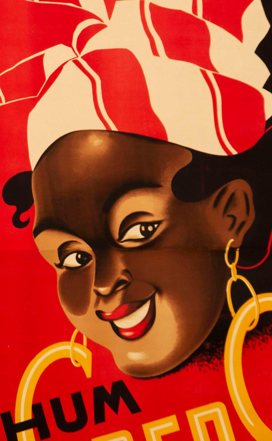 In this large-scale 1930s vintage poster for Credo Rhum, Hella Arno depicts a smiling Creole with traditional head wrap and gold hoop earrings against a brilliant red background. Her earrings playfully dangle through the text to help form and