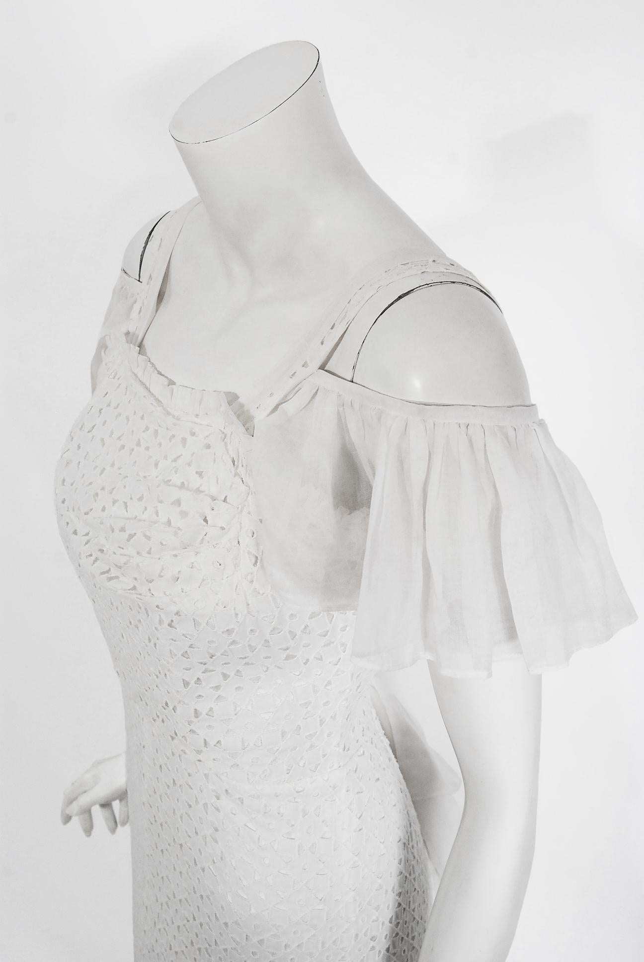 Gray Vintage 1930's Crisp-White Eyelet Organza Off Shoulder Ruffle Bustle Bridal Gown