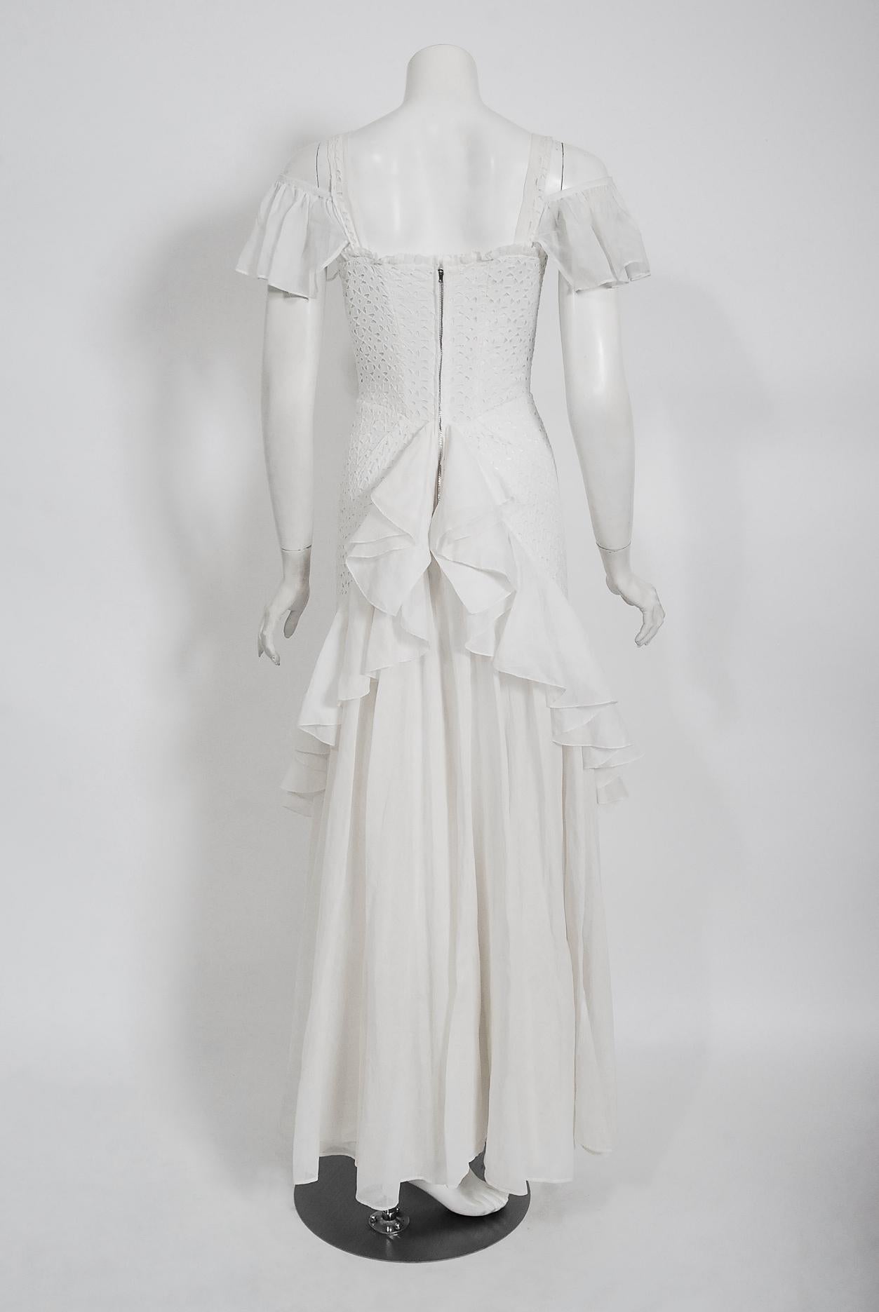 Vintage 1930's Crisp-White Eyelet Organza Off Shoulder Ruffle Bustle Bridal Gown 2