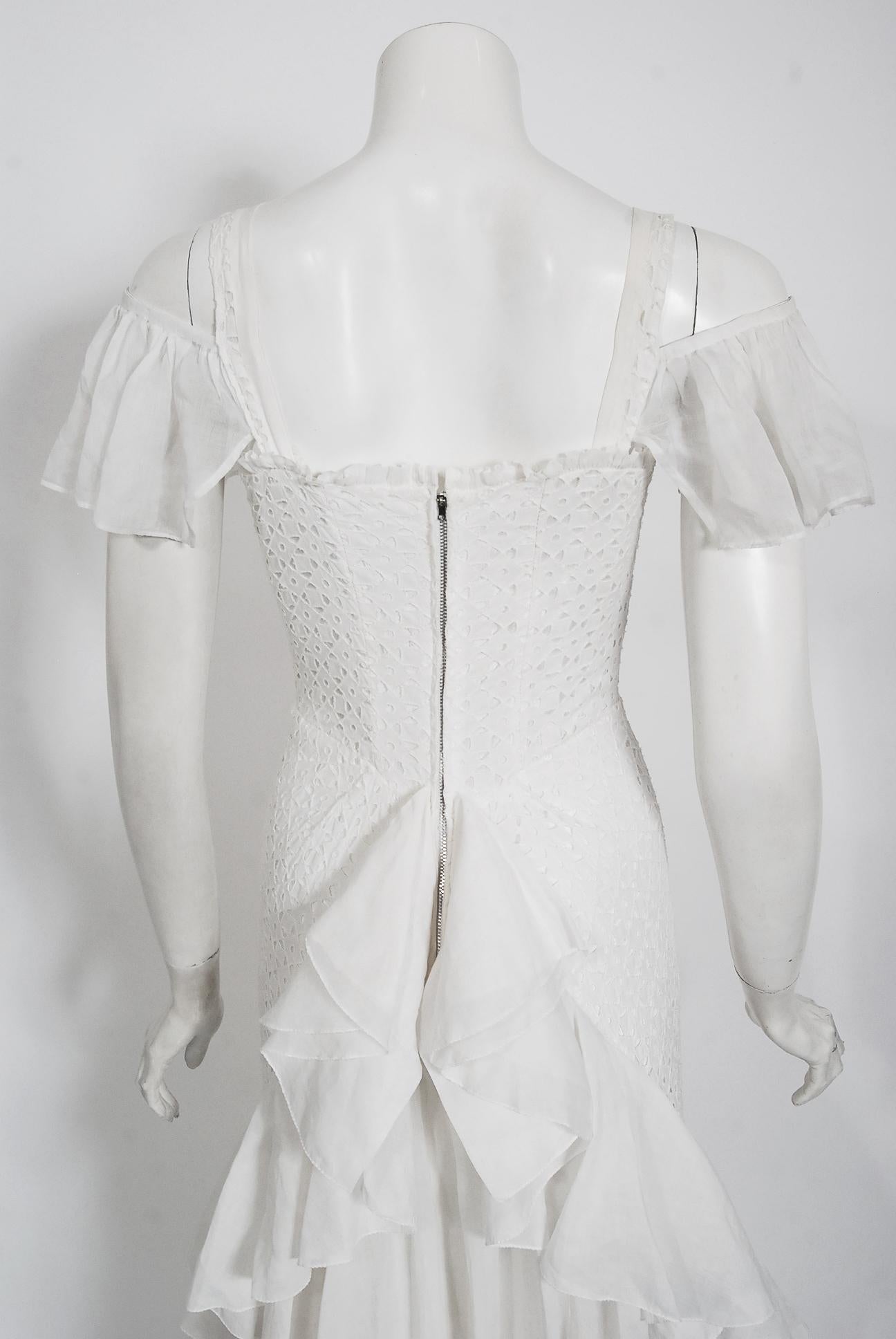 Vintage 1930's Crisp-White Eyelet Organza Off Shoulder Ruffle Bustle Bridal Gown 3