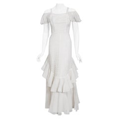Vintage 1930's Crisp-White Eyelet Organza Off Shoulder Ruffle Bustle Bridal Gown
