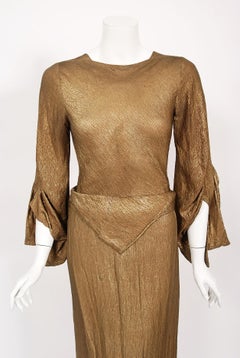 Archival 1930s Debenham & Freebody Couture Metallic Gold Lamé Winged Sleeve Gown