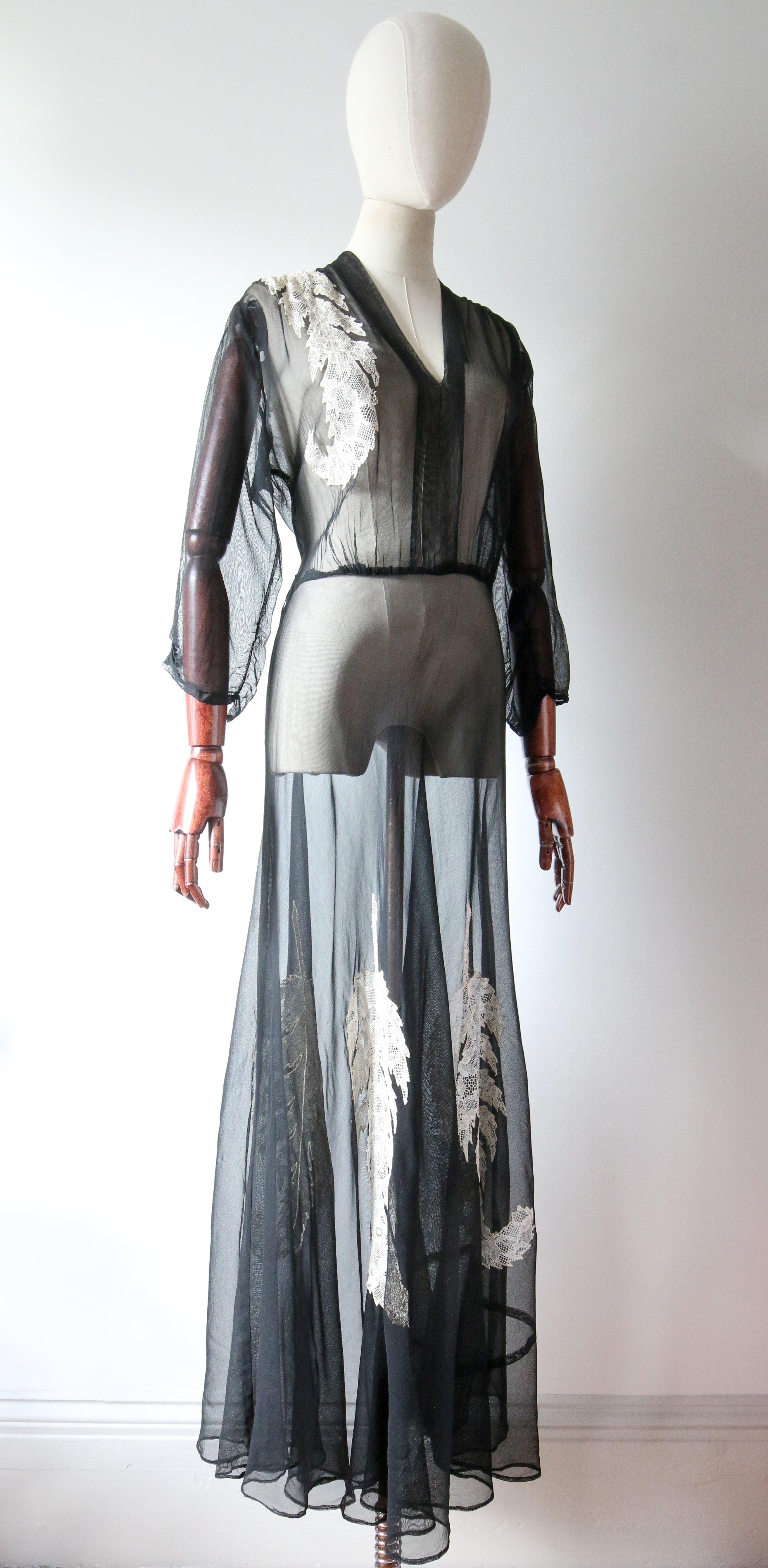 Vintage 1930's Dress black sheer cotton voile cream lace leaf applique UK 14-16 In Good Condition In Cheltenham, GB