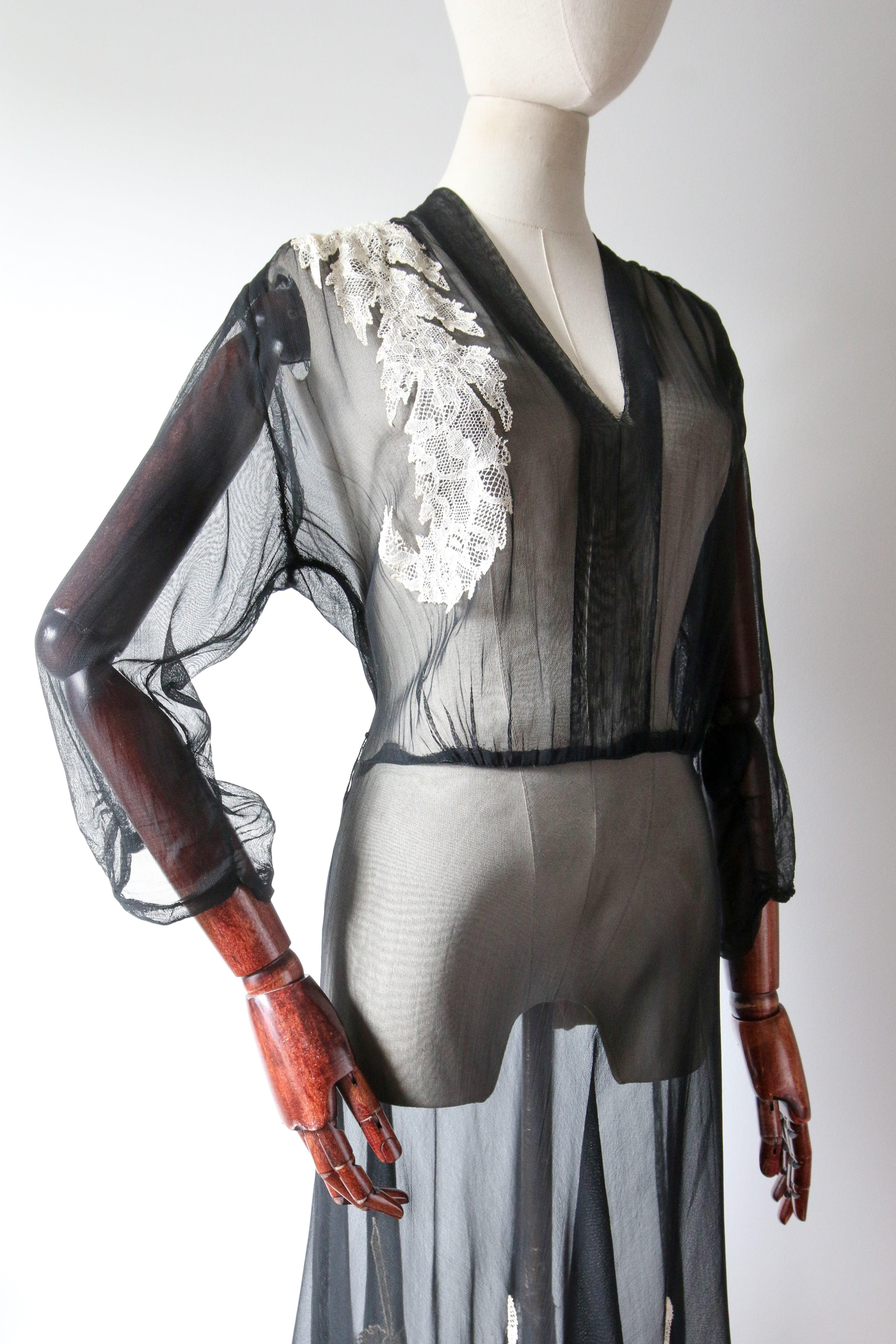 Women's Vintage 1930's Dress black sheer cotton voile cream lace leaf applique UK 14-16