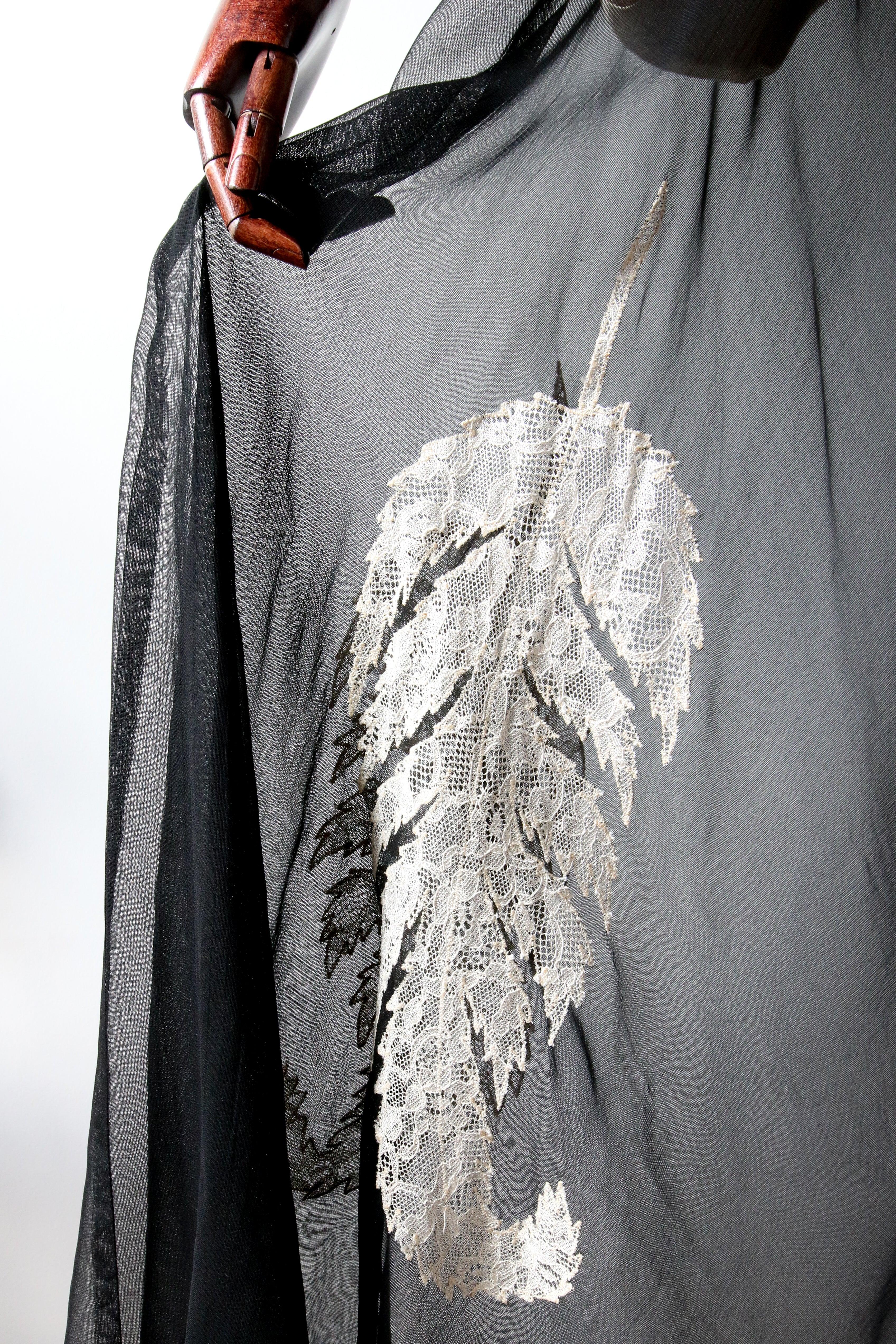 Vintage 1930's Dress black sheer cotton voile cream lace leaf applique UK 14-16 2