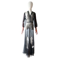 Vintage 1930's Kleid schwarz schiere Baumwolle Voile Creme Spitze Blatt Applique UK 14-16 