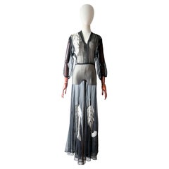 Vintage 1930's Dress black sheer cotton voile cream lace leaf applique UK 14-16