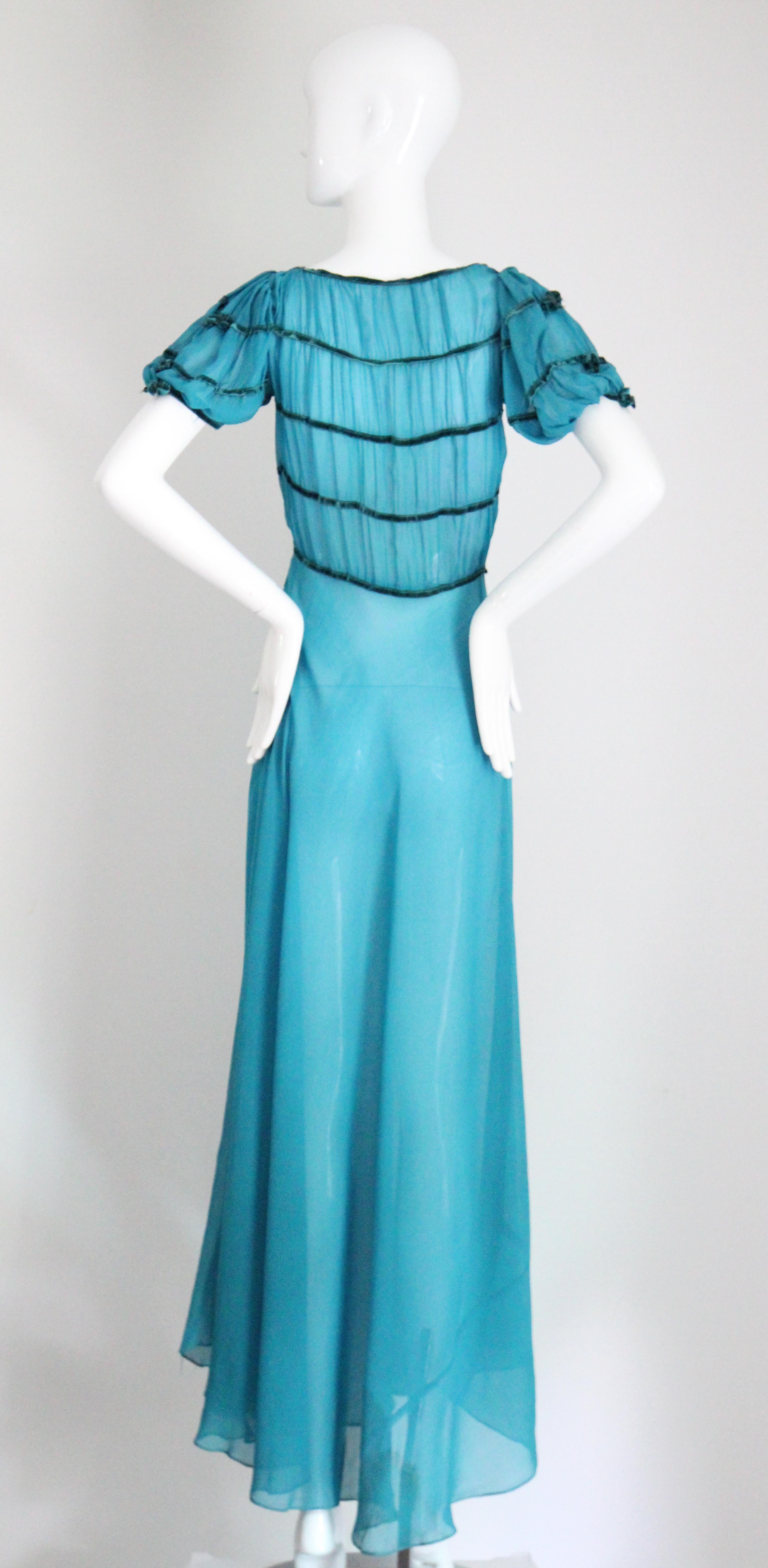 Vintage 1930's Dress Turquoise blue silk chiffon velvet  robe à nœuds UK 8 US 4 en vente 5
