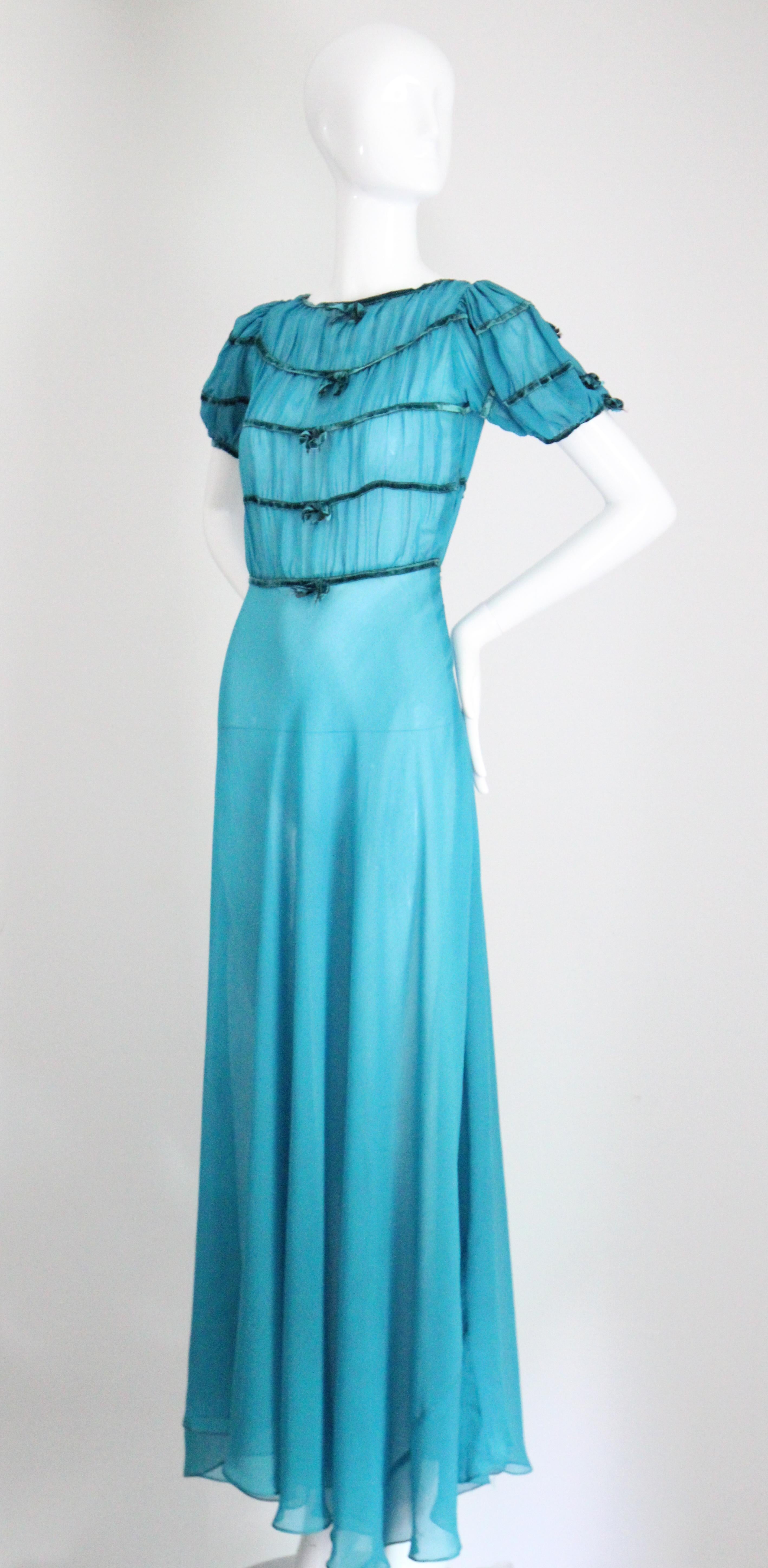 Vintage 1930's Dress Turquoise blue silk chiffon velvet  robe à nœuds UK 8 US 4 en vente 2