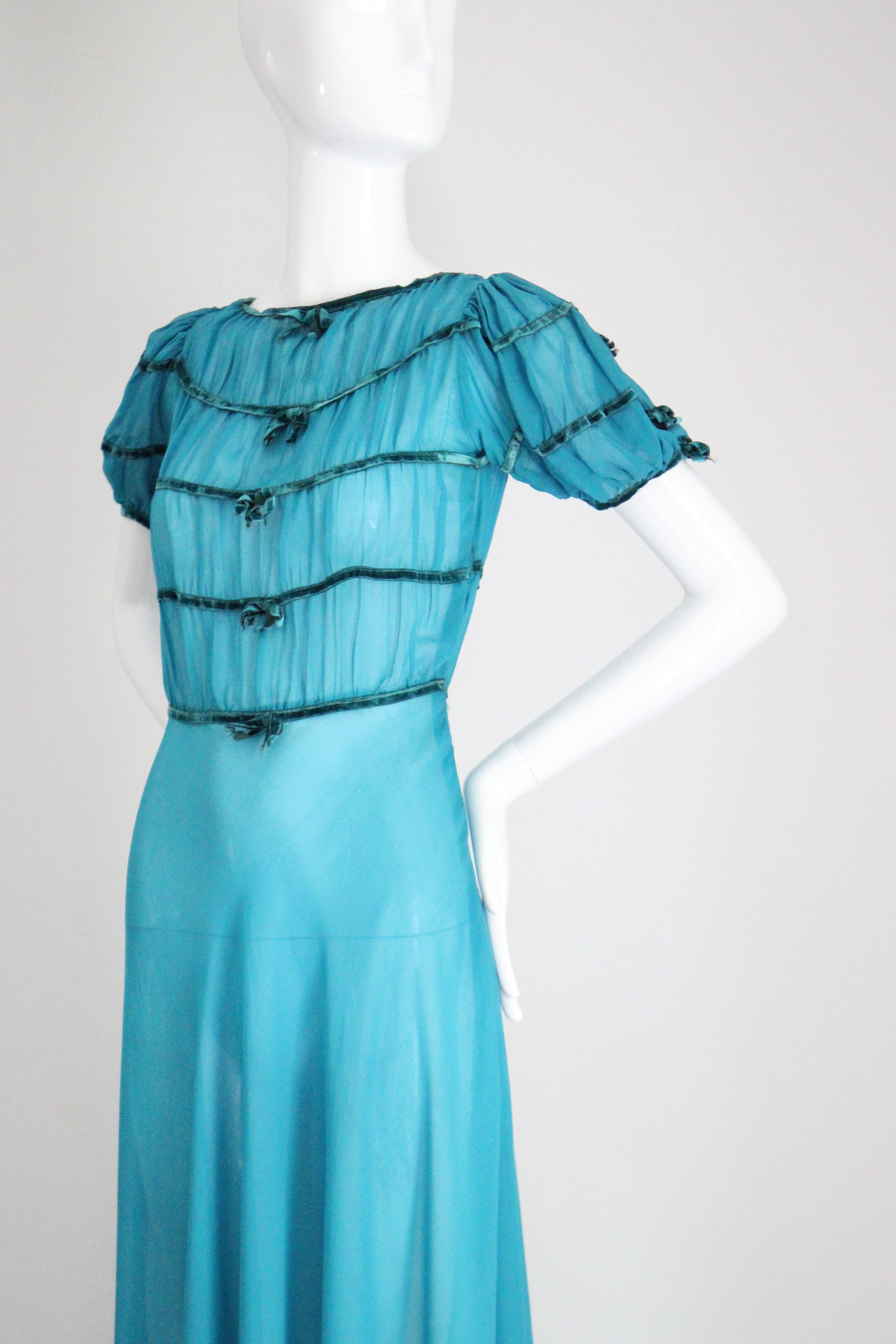 Vintage 1930's Dress Turquoise blue silk chiffon velvet  robe à nœuds UK 8 US 4 en vente 3