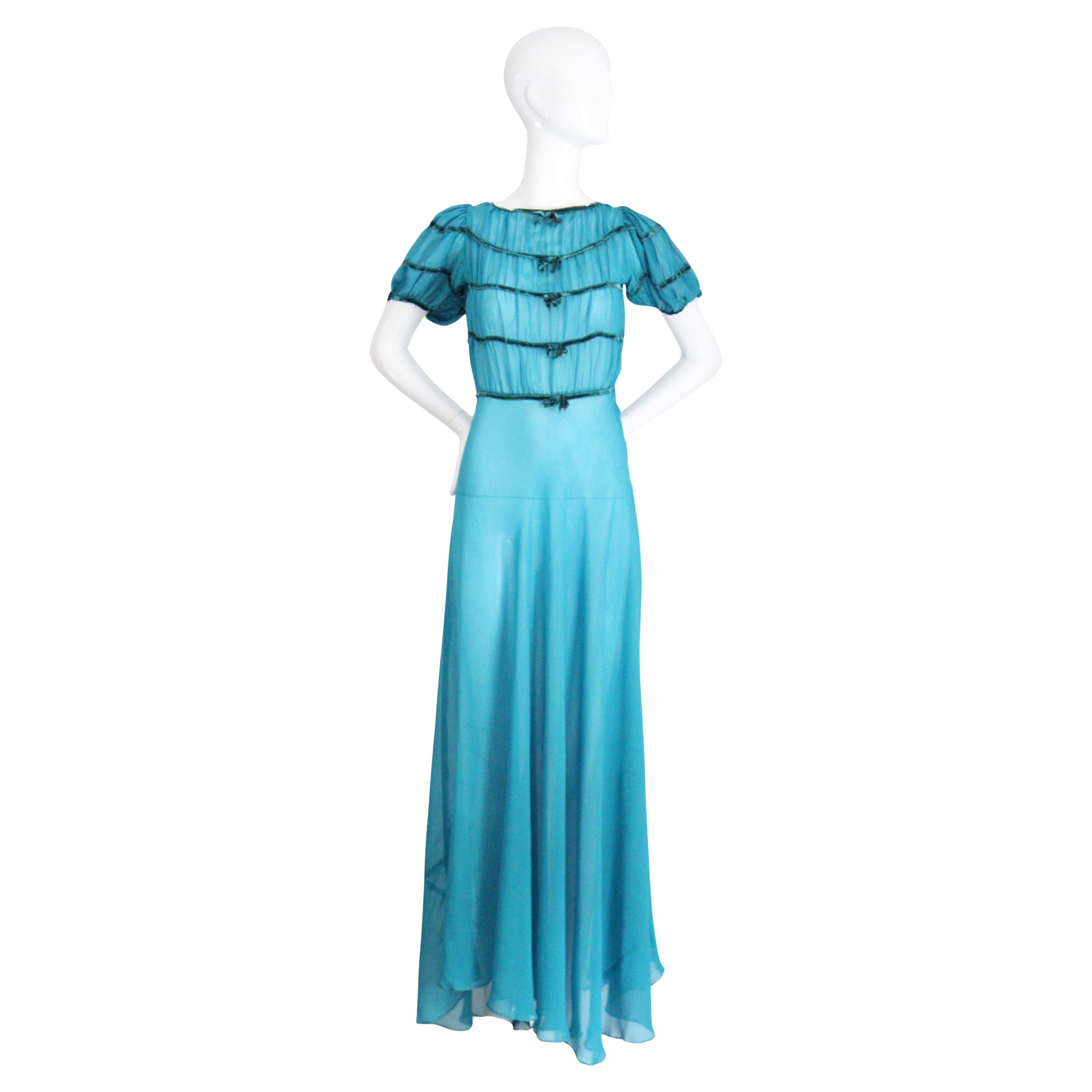 Vintage 1930's Dress Turquoise blue silk chiffon velvet  robe à nœuds UK 8 US 4
