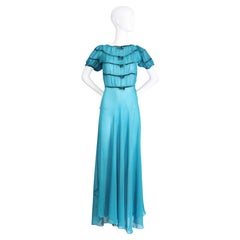Vintage 1930's Dress Turquoise blue silk chiffon velvet  bow dress UK 8 US 4