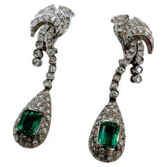 Vintage 1930s  Earrings Art-Deco White Gold 18kt Emerald Colombian and Diamonds