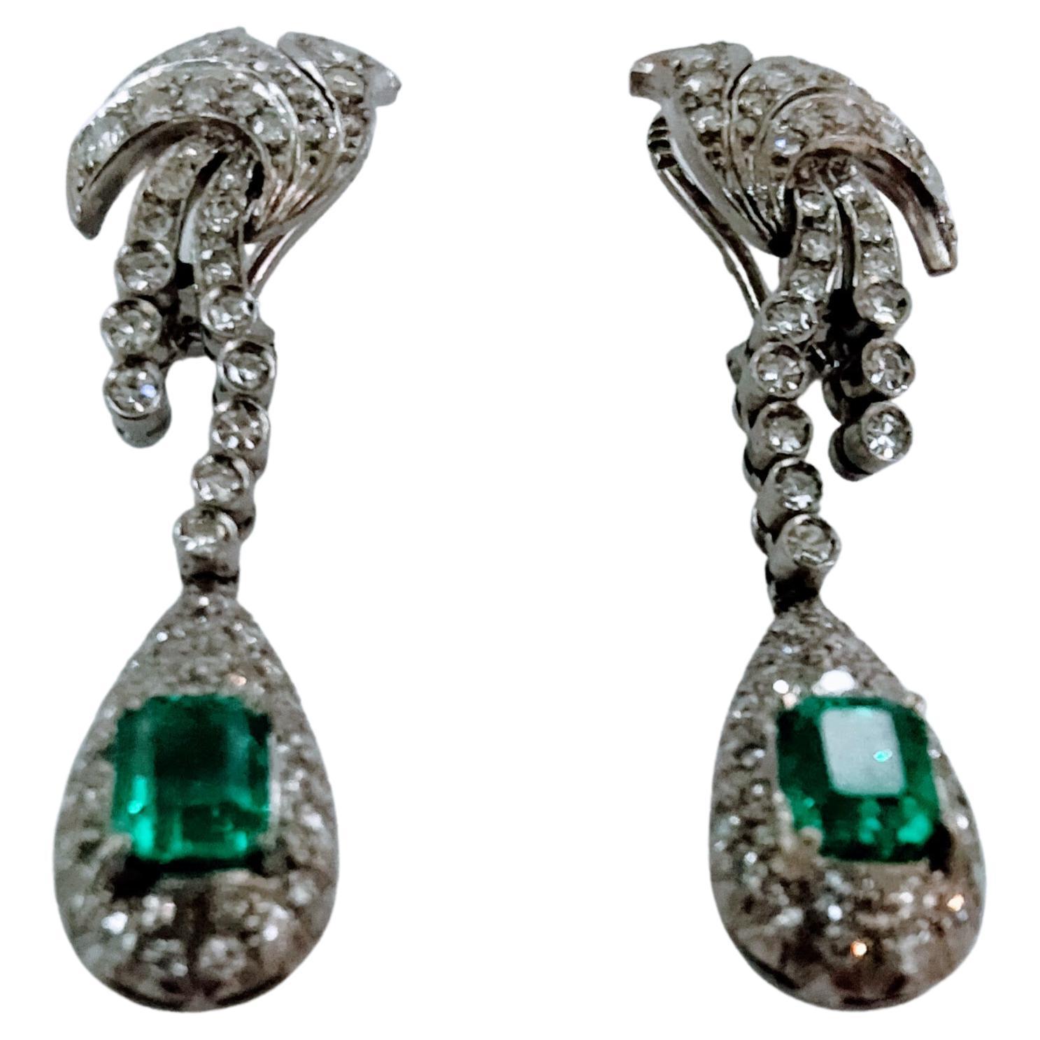 Vintage 1930er Jahre  Ohrringe Art-Deco Weißgold 18kt Smaragd kolumbianisch und Diamanten im Angebot 1