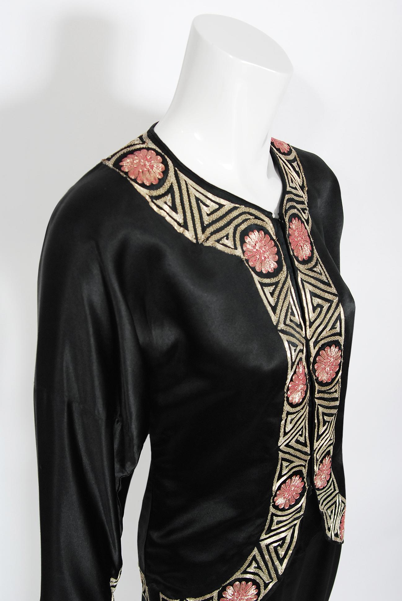 Vintage 1930's Embroidered Black Silk Blouse & Fringed Pants Boudoir Lounge Set 7