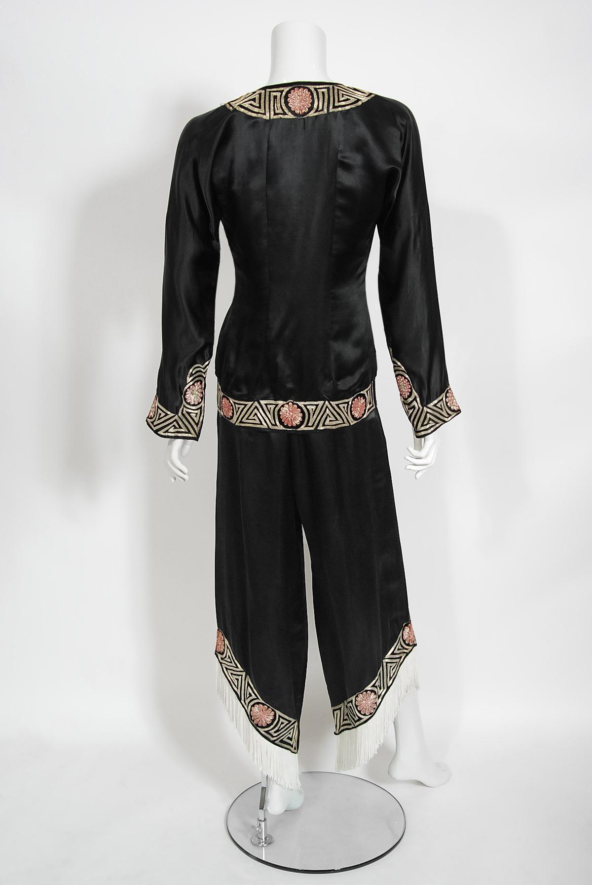 Vintage 1930's Embroidered Black Silk Blouse & Fringed Pants Boudoir Lounge Set 8